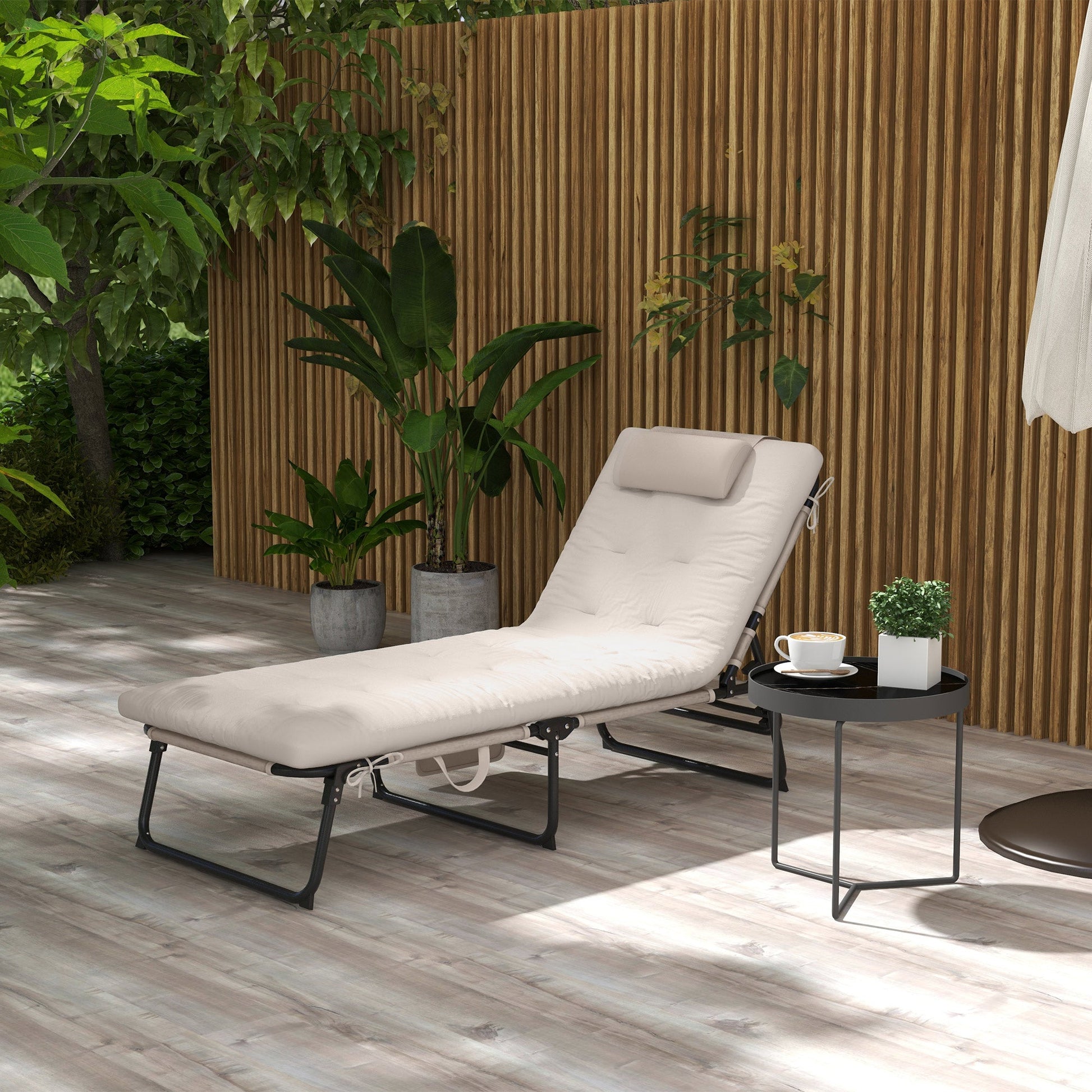 Folding Lounge Chair with 4-level Reclining Back, Outdoor Tanning Chair with Cushion, Sun Lounger with Breathable Mesh Fabric, Side Pocket, Headrest, Beige