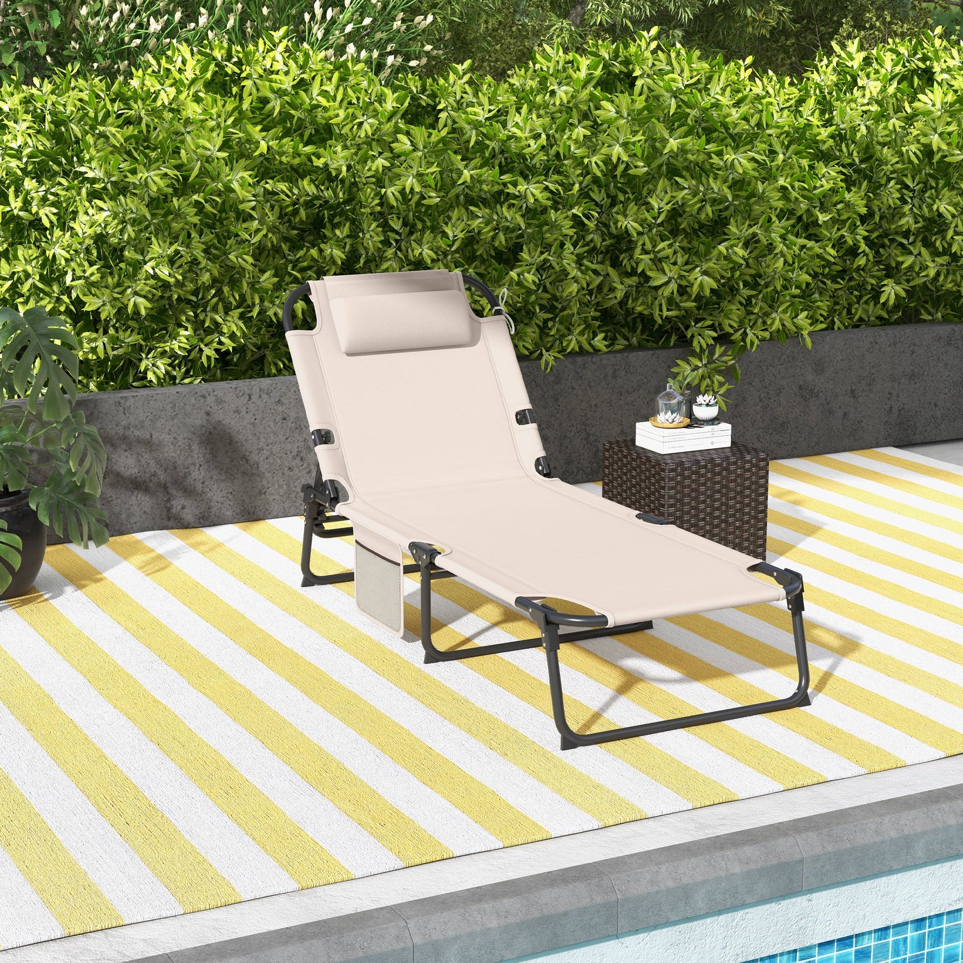 Folding Lounge Chair with 4-level Reclining Back, Outdoor Tanning Chair with Cushion, Sun Lounger with Breathable Mesh Fabric, Side Pocket, Headrest, Beige