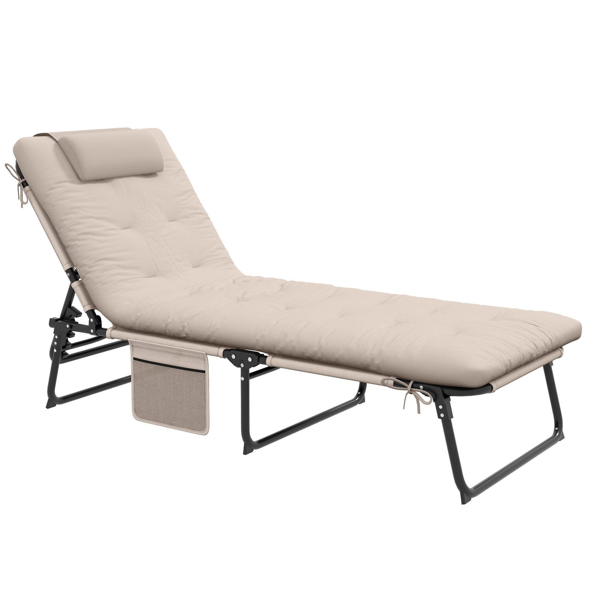 Folding Lounge Chair with 4-level Reclining Back, Outdoor Tanning Chair with Cushion, Sun Lounger with Breathable Mesh Fabric, Side Pocket, Headrest, Beige