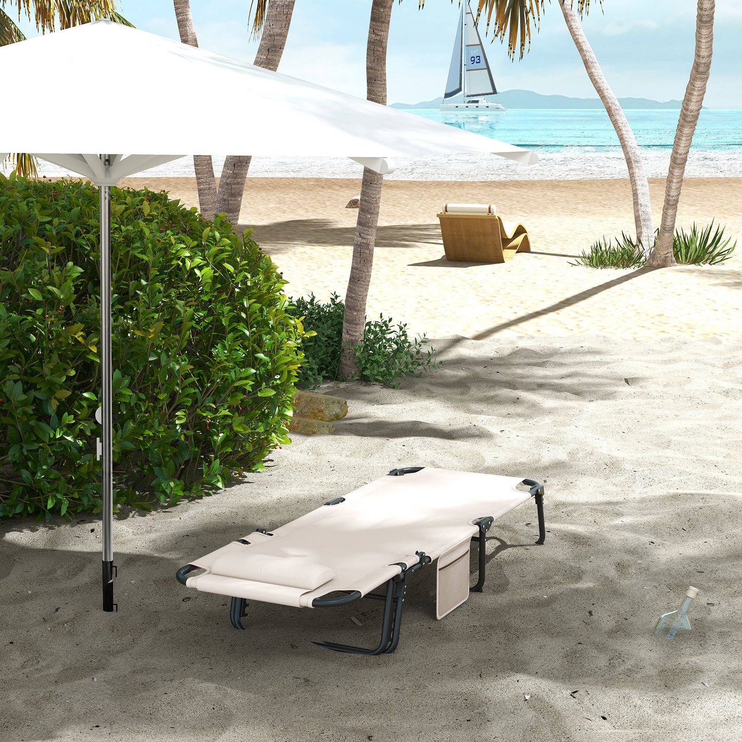 Folding Lounge Chair with 4-level Reclining Back, Outdoor Tanning Chair with Cushion, Sun Lounger with Breathable Mesh Fabric, Side Pocket, Headrest, Beige