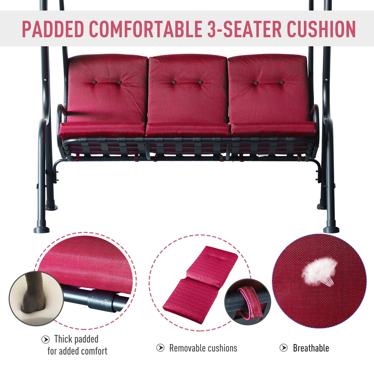3-Person Porch Swing Chair, Patio Swing Bench with Adjustable Canopy, Removable Thicken Cushion and Weather Resistant Steel Frame for Outdoor, Garden, Poolside, Wine Red