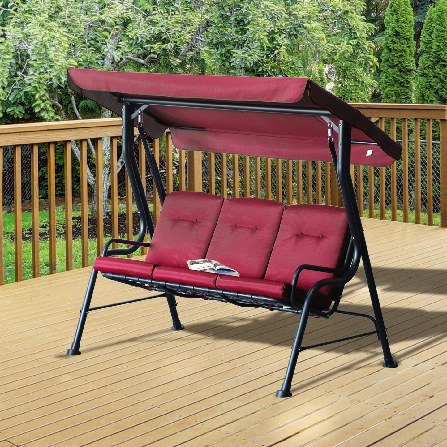 3-Person Porch Swing Chair, Patio Swing Bench with Adjustable Canopy, Removable Thicken Cushion and Weather Resistant Steel Frame for Outdoor, Garden, Poolside, Wine Red