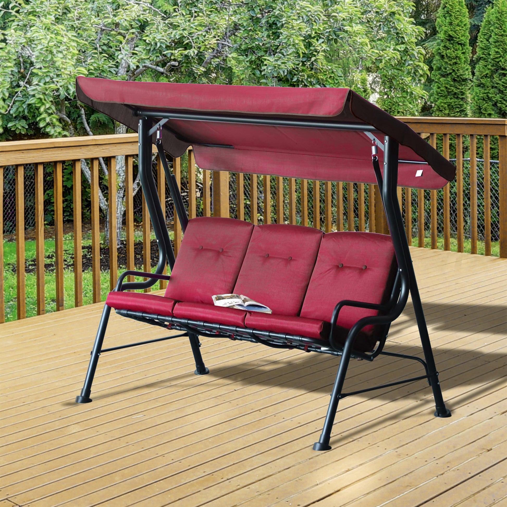 3-Person Porch Swing Chair, Patio Swing Bench with Adjustable Canopy, Removable Thicken Cushion and Weather Resistant Steel Frame for Outdoor, Garden, Poolside, Wine Red