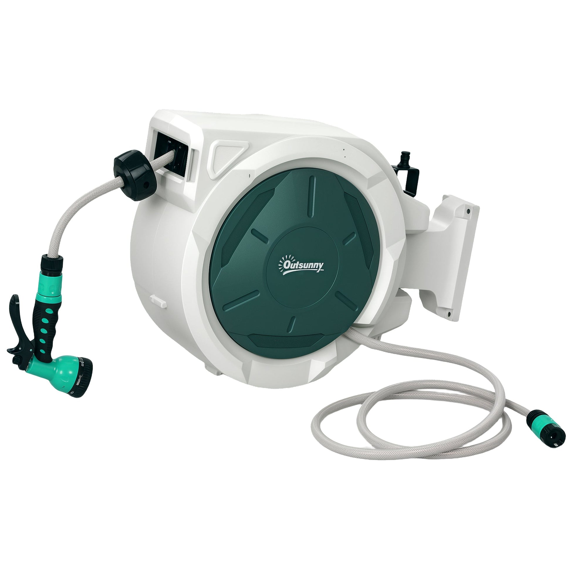 Retractable Garden Hose Reel, 1/2 in x 65ft Wall Mounted Water Hose Reel with 7- Function Sprayer Nozzle, Auto Rewind, Any Length Lock, 180° Swivel Bracket, Green