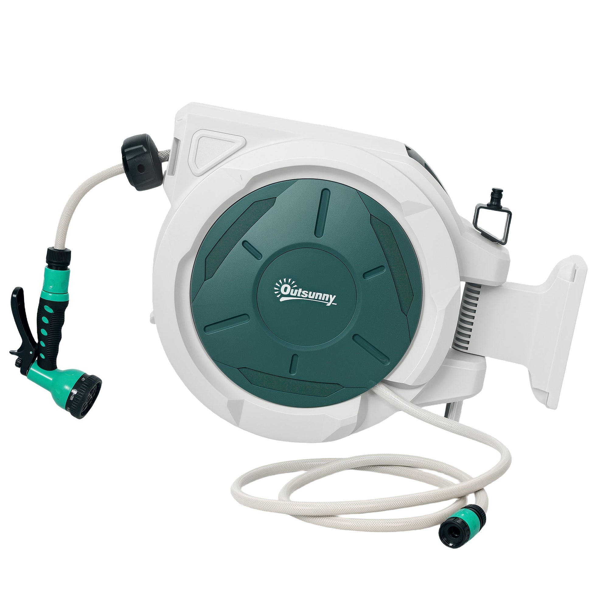 Retractable Garden Hose Reel, 1/2 in x 65ft Wall Mounted Water Hose Reel with 7- Function Sprayer Nozzle, Auto Rewind, Any Length Lock, 180° Swivel Bracket, Green