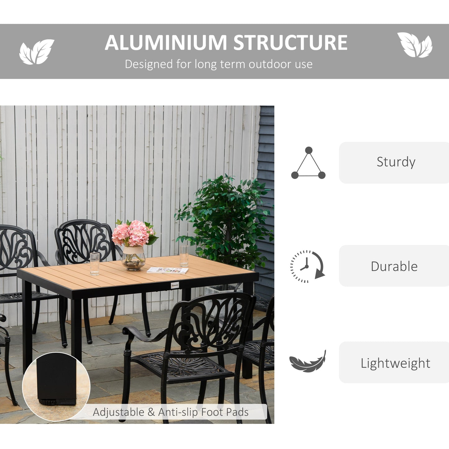 55" L x 35.5" W x 29.25" H Patio Dining Table for 6, Rectangular Aluminum Outdoor Table for Garden Lawn Backyard, Natural