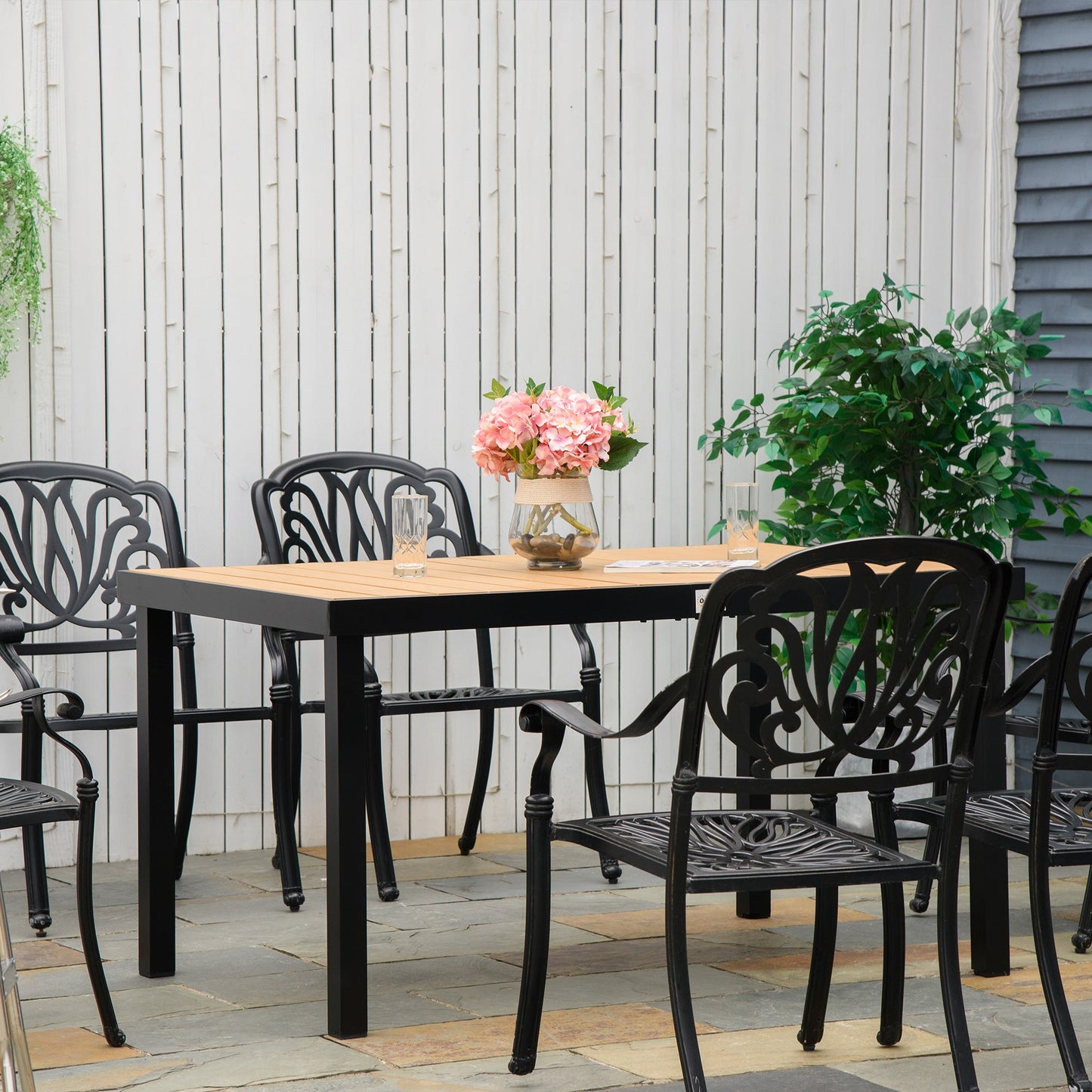 55" L x 35.5" W x 29.25" H Patio Dining Table for 6, Rectangular Aluminum Outdoor Table for Garden Lawn Backyard, Natural