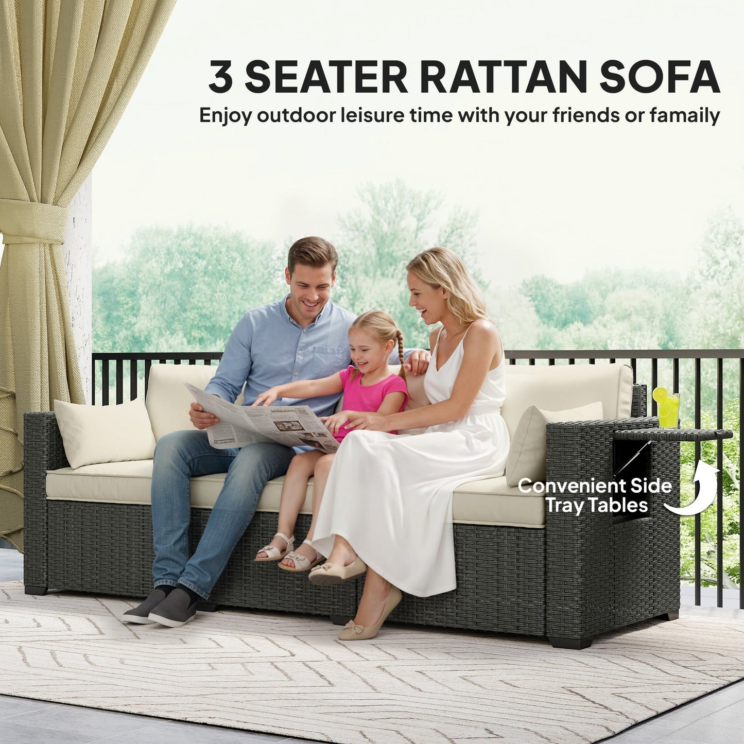3 Seater Wicker Outdoor Sofa with Side Tray Tables, Poly Rattan Patio Sofa Couch with 6" Thick Back Cushions, Outdoor Couch with Deep Seat, Pillows for Garden, Cream White