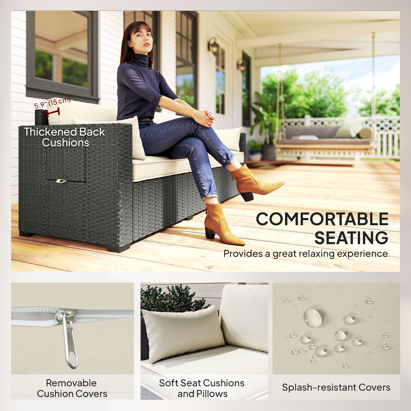 3 Seater Wicker Outdoor Sofa with Side Tray Tables, Poly Rattan Patio Sofa Couch with 6" Thick Back Cushions, Outdoor Couch with Deep Seat, Pillows for Garden, Cream White