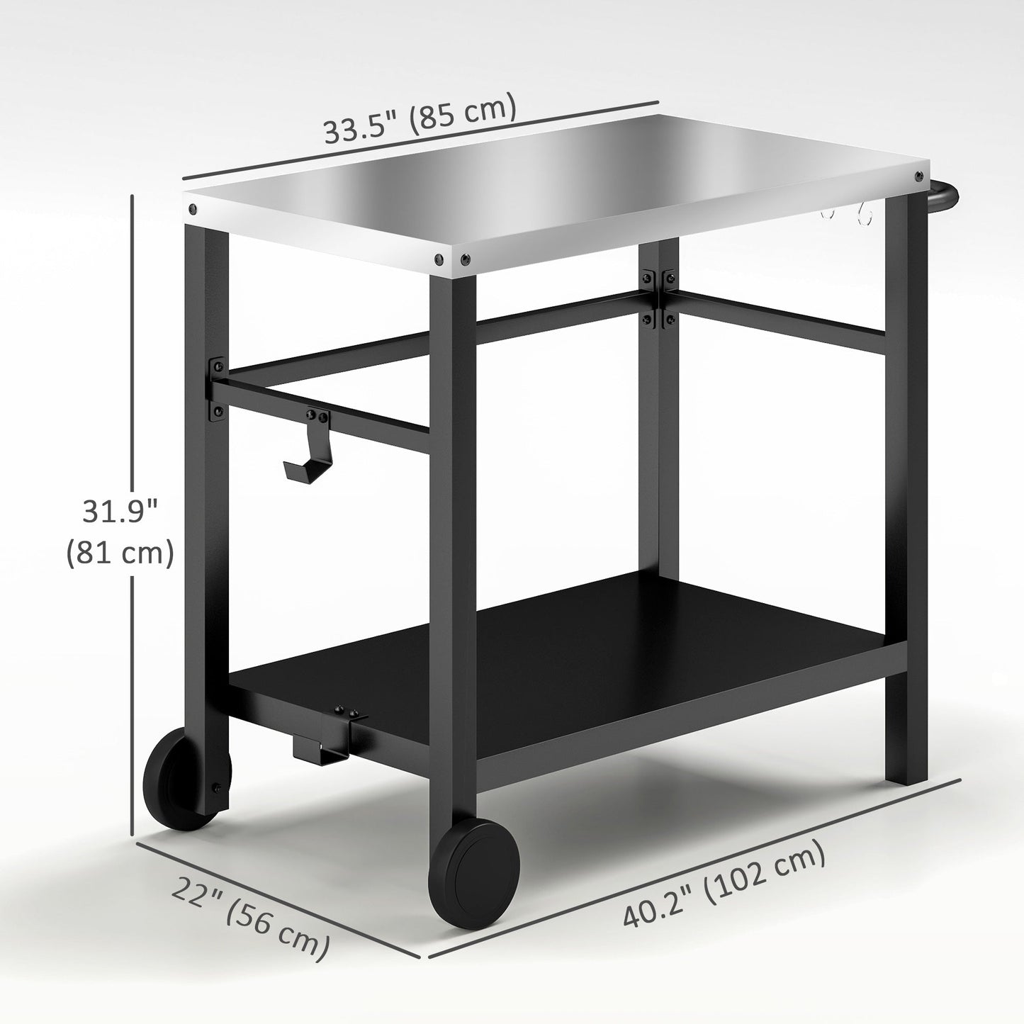 Outdoor Grill Dining Cart with Stainless Steel Tabletop, 2-Shelf BBQ Movable Pizza Oven Stand with Shelf, Hooks, Wheels, Charcoal Grey
