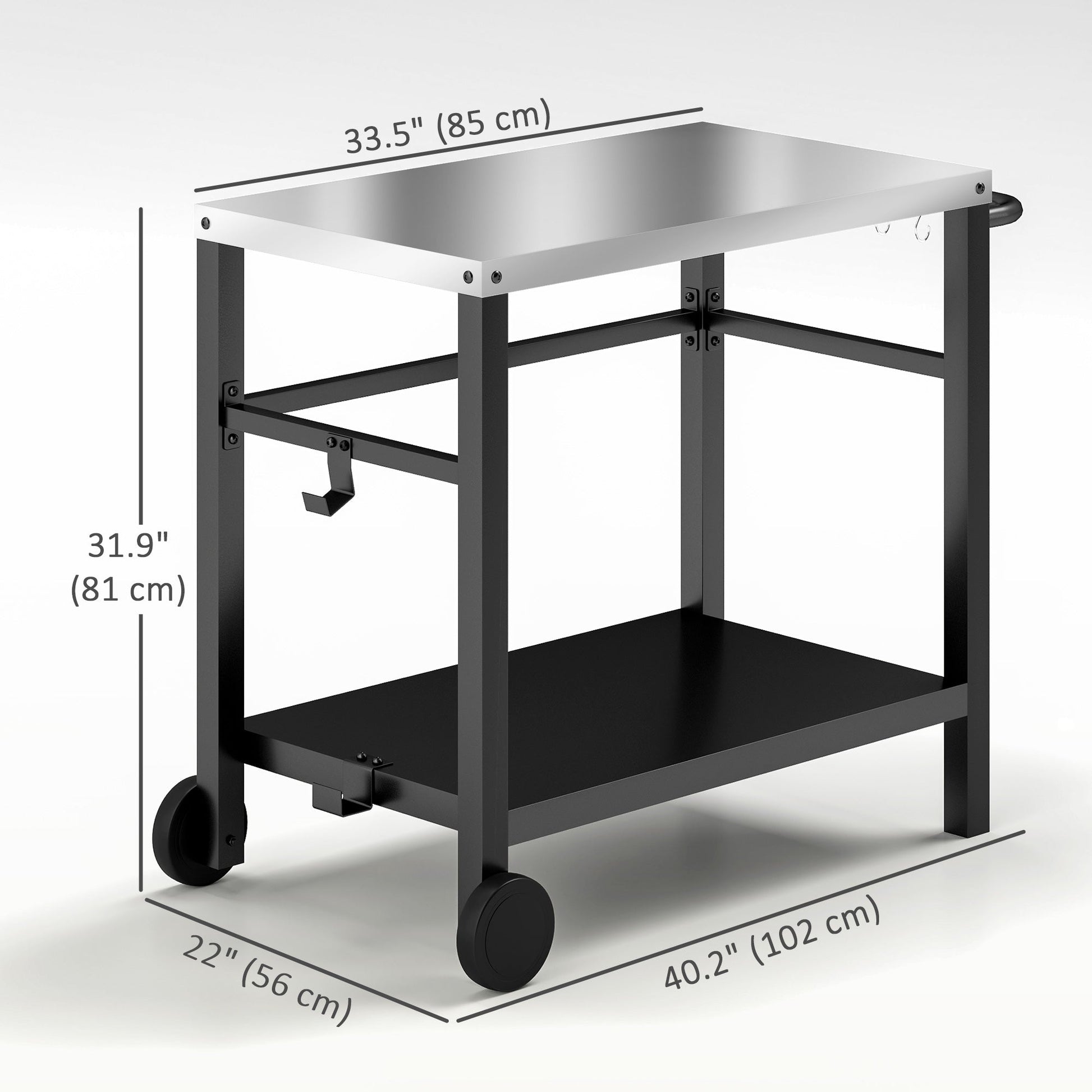 Outdoor Grill Dining Cart with Stainless Steel Tabletop, 2-Shelf BBQ Movable Pizza Oven Stand with Shelf, Hooks, Wheels, Charcoal Grey