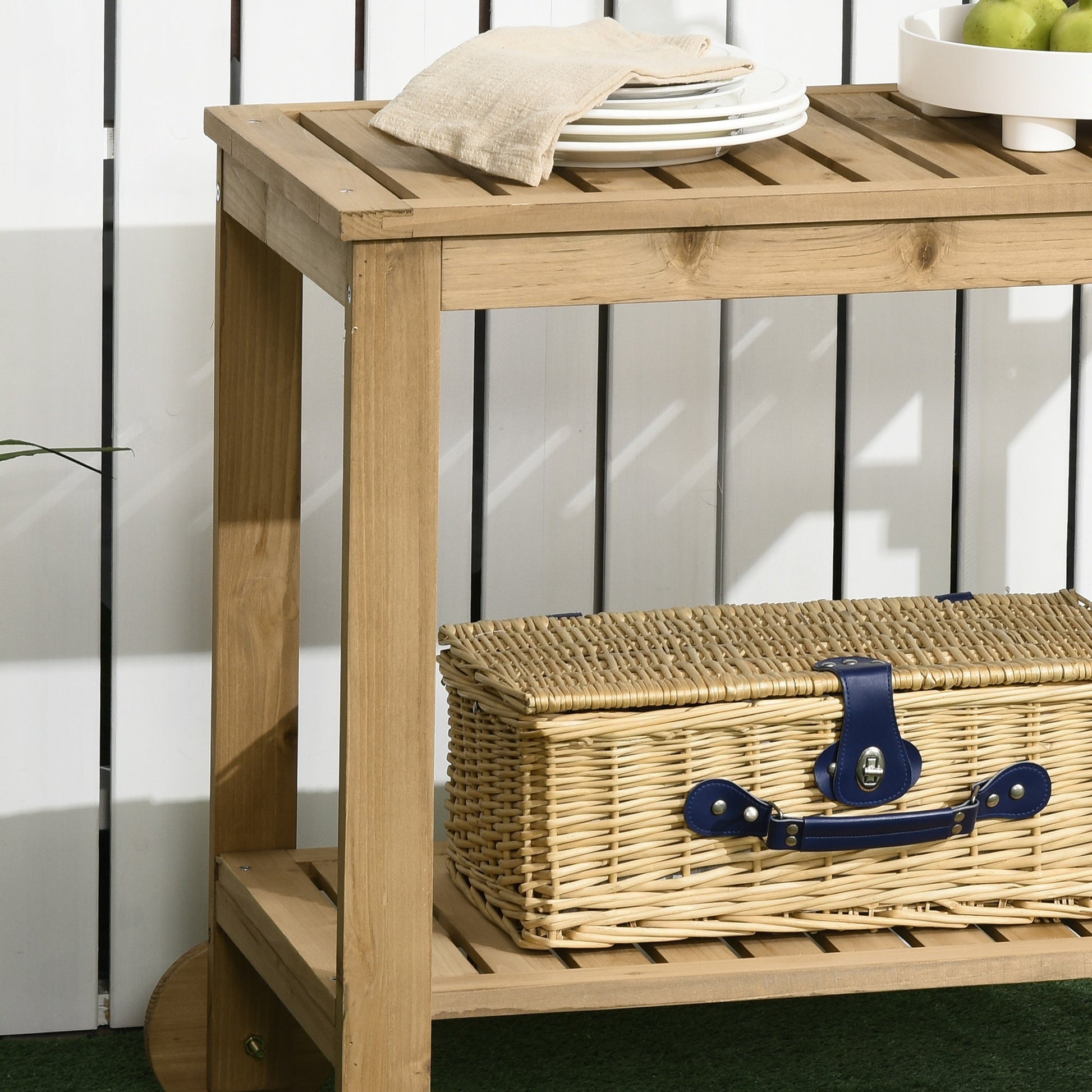 Outdoor Bar Cart, Wood Rolling Home Bar & Serving Cart with 2 Shelves, Wine Bottle Holders for Garden, Dining Room, Natural