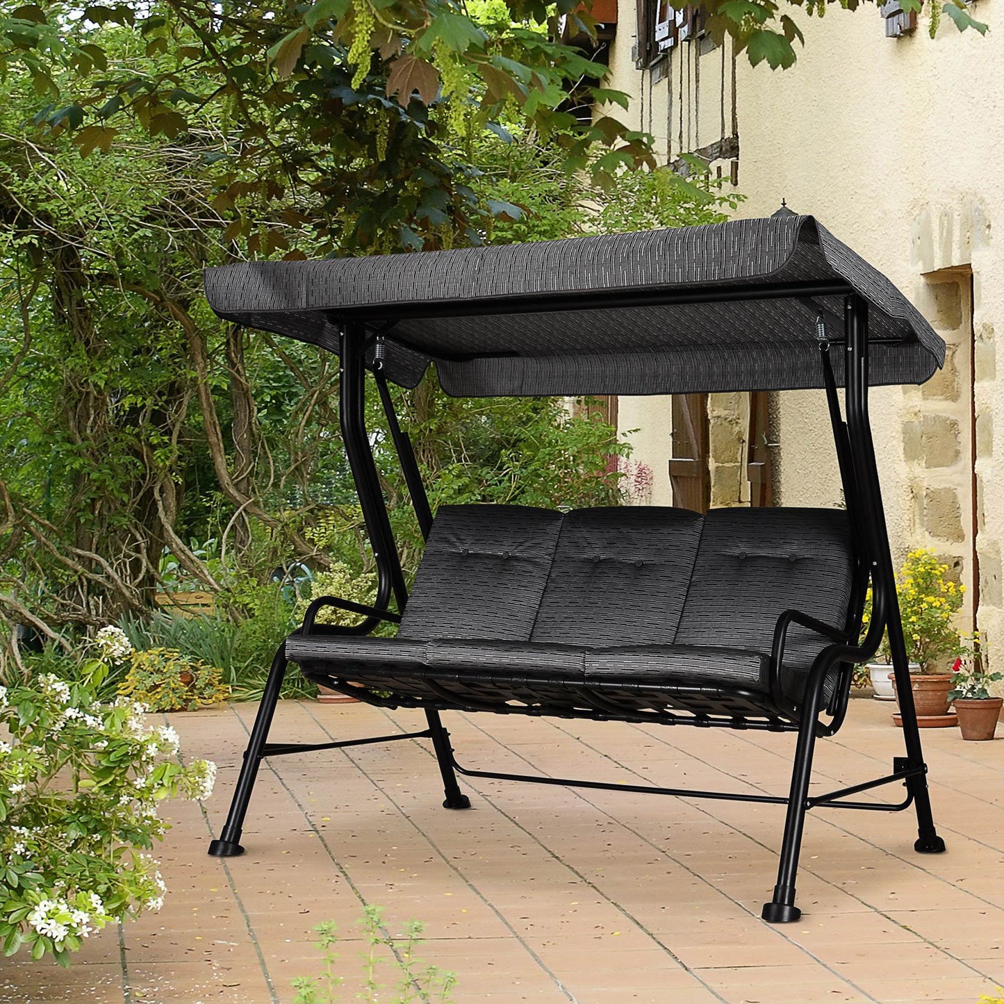 3-Person Porch Swing Chair, Patio Swing Bench with Adjustable Canopy, Removable Thicken Cushion and Weather Resistant Steel Frame for Outdoor, Garden, Poolside, Grey