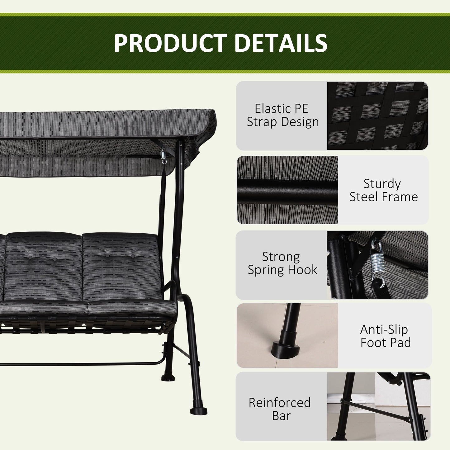 3-Person Porch Swing Chair, Patio Swing Bench with Adjustable Canopy, Removable Thicken Cushion and Weather Resistant Steel Frame for Outdoor, Garden, Poolside, Grey
