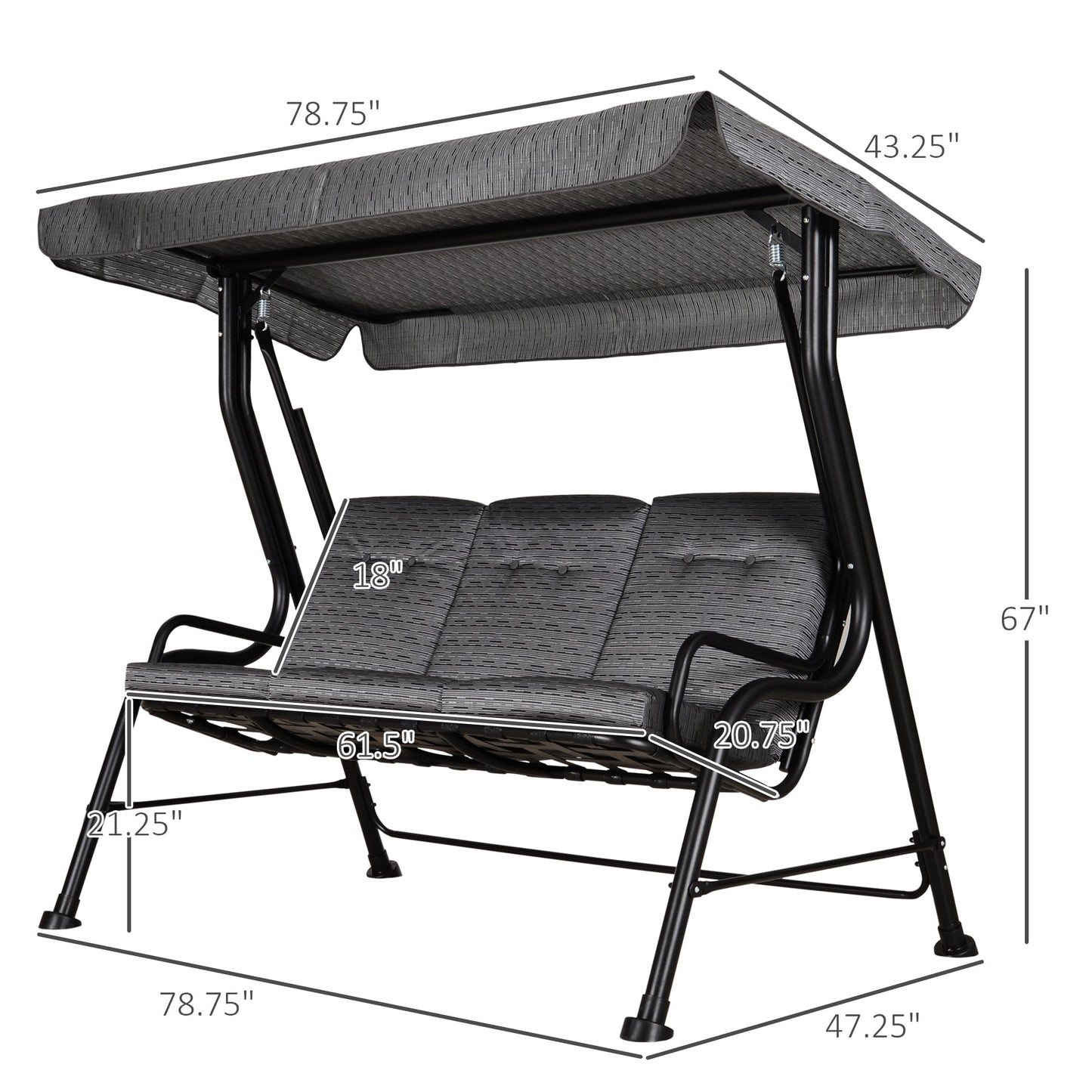 3-Person Porch Swing Chair, Patio Swing Bench with Adjustable Canopy, Removable Thicken Cushion and Weather Resistant Steel Frame for Outdoor, Garden, Poolside, Grey