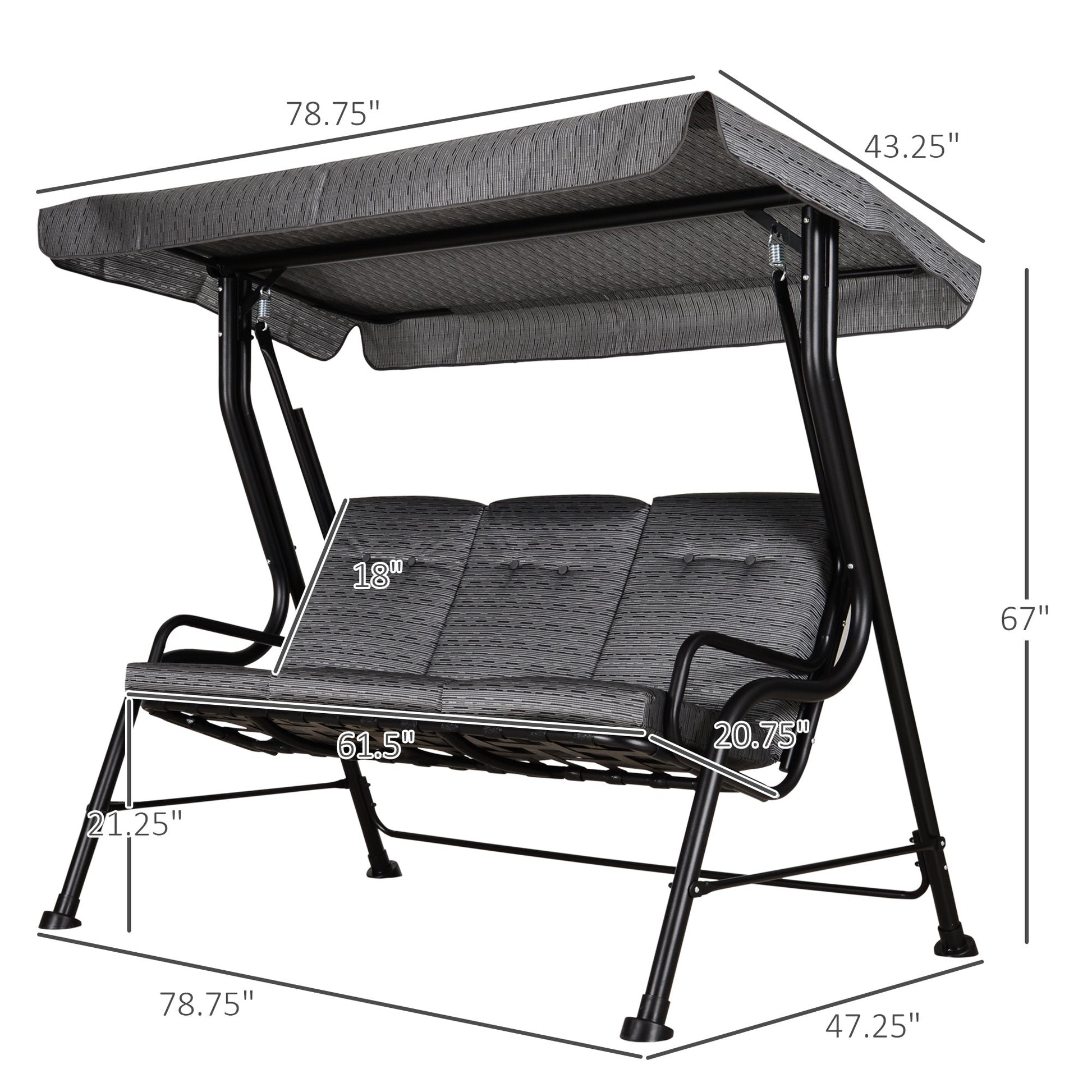 3-Person Porch Swing Chair, Patio Swing Bench with Adjustable Canopy, Removable Thicken Cushion and Weather Resistant Steel Frame for Outdoor, Garden, Poolside, Grey