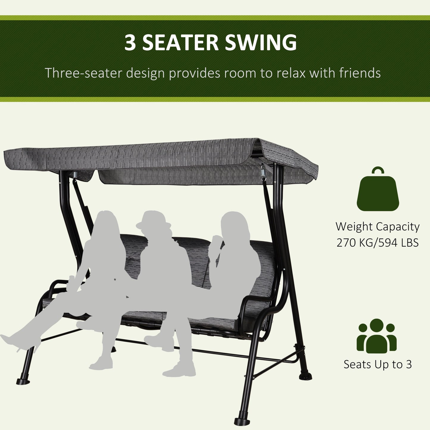3-Person Porch Swing Chair, Patio Swing Bench with Adjustable Canopy, Removable Thicken Cushion and Weather Resistant Steel Frame for Outdoor, Garden, Poolside, Grey