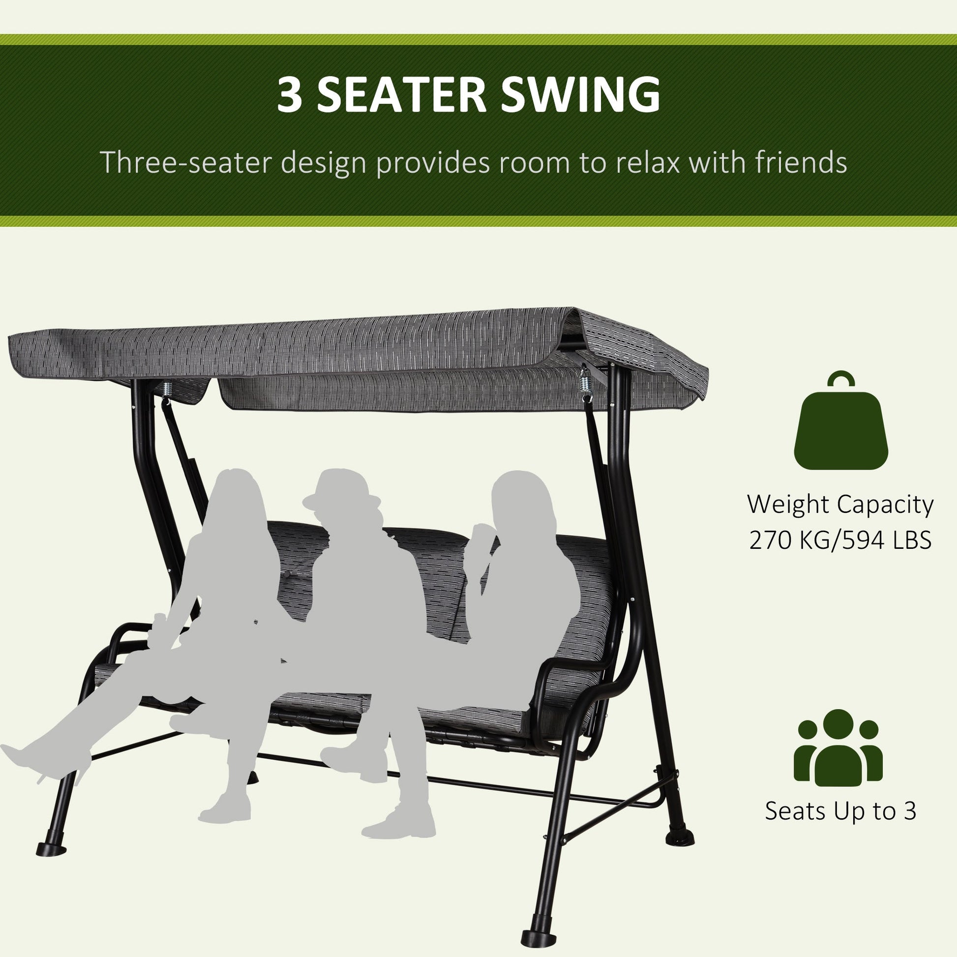 3-Person Porch Swing Chair, Patio Swing Bench with Adjustable Canopy, Removable Thicken Cushion and Weather Resistant Steel Frame for Outdoor, Garden, Poolside, Grey