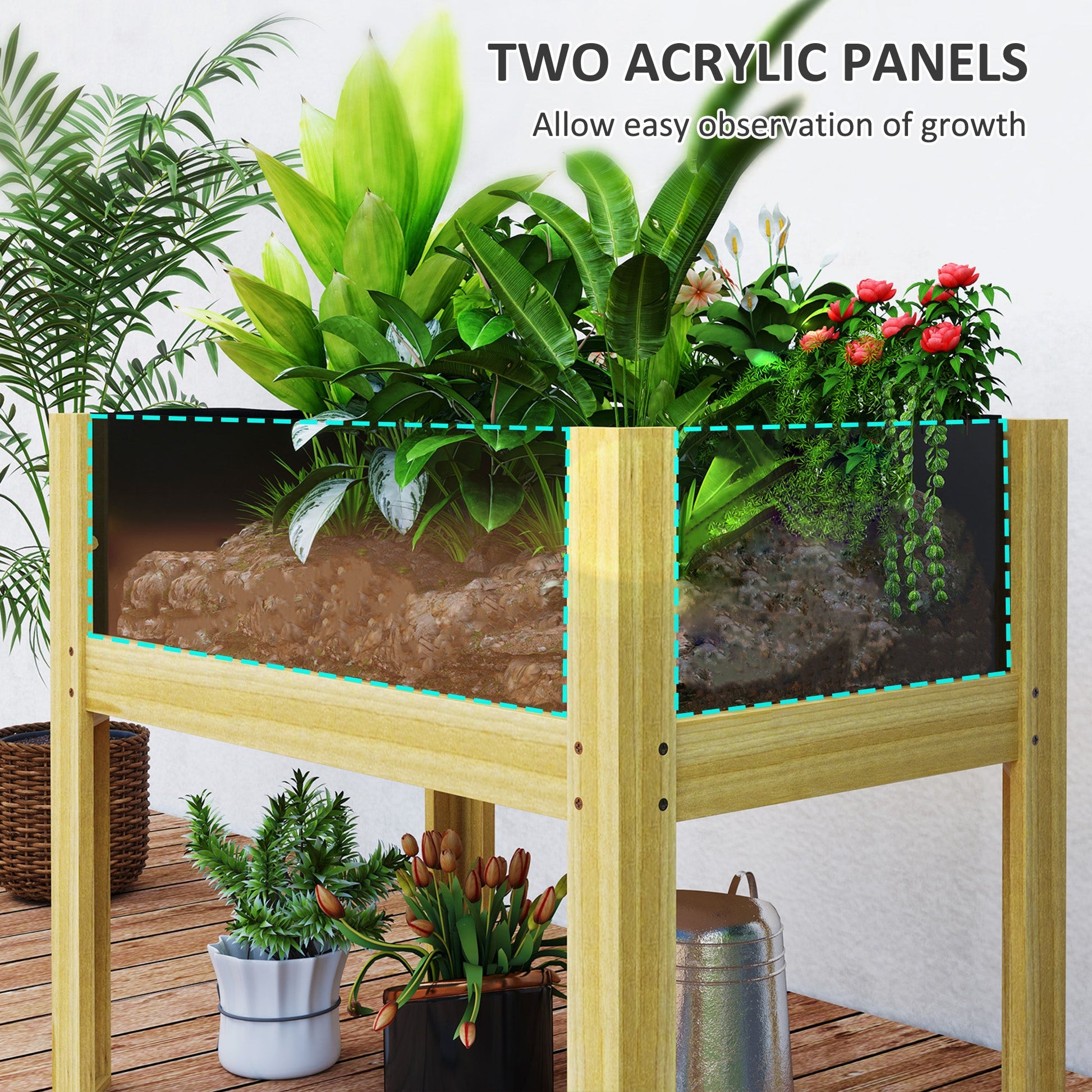 Wooden Raised Garden Bed Planter with Acrylic Panels, Elevated Planter Box Outdoor Raised Planter with Drainage Holes for Vegetables Flowers Herbs, 29.5" x 18.1" x 23.8"