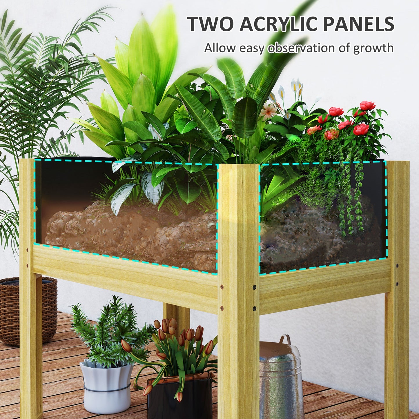 Wooden Raised Garden Bed Planter with Acrylic Panels, Elevated Planter Box Outdoor Raised Planter with Drainage Holes for Vegetables Flowers Herbs, 29.5" x 18.1" x 23.8"