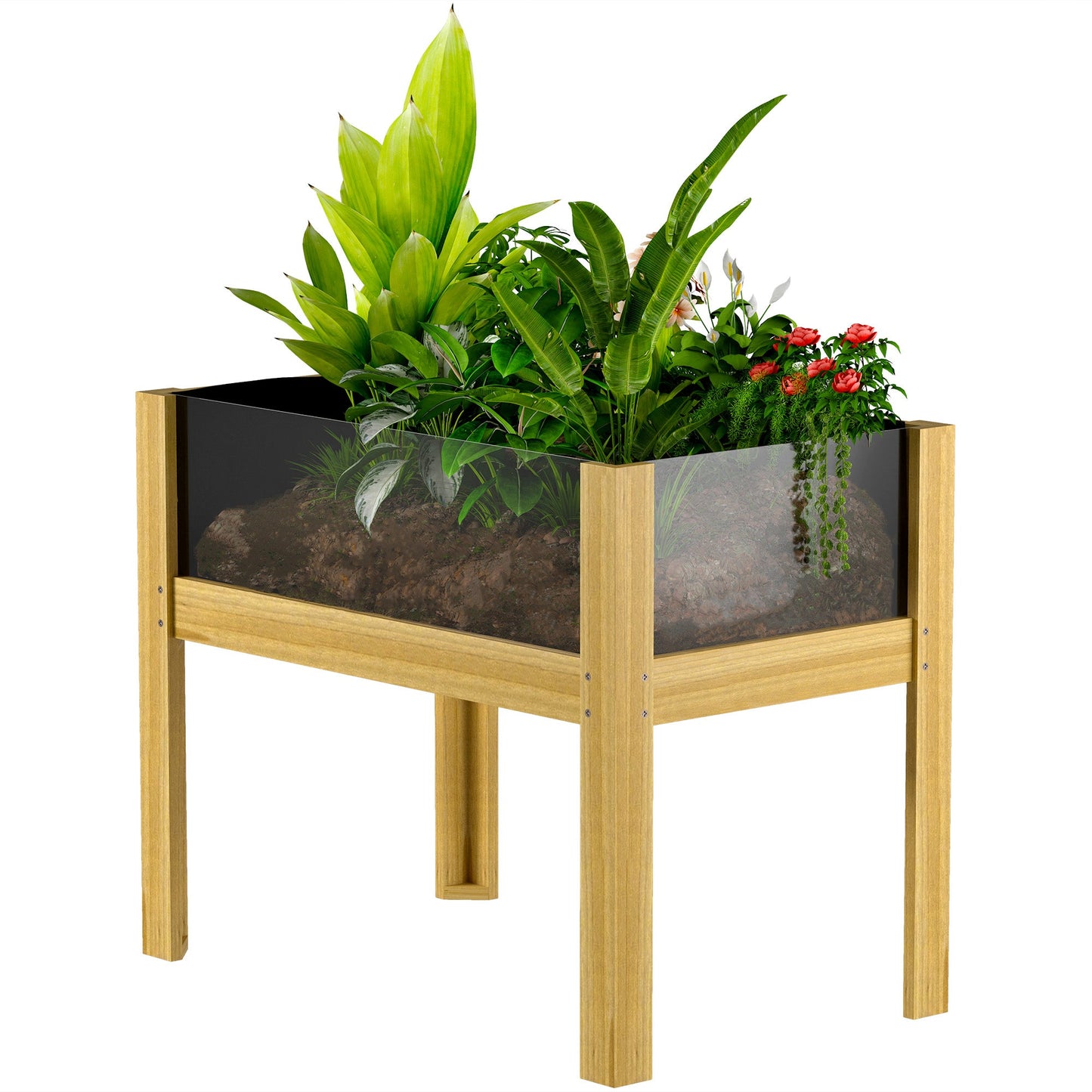 Wooden Raised Garden Bed Planter with Acrylic Panels, Elevated Planter Box Outdoor Raised Planter with Drainage Holes for Vegetables Flowers Herbs, 29.5" x 18.1" x 23.8"