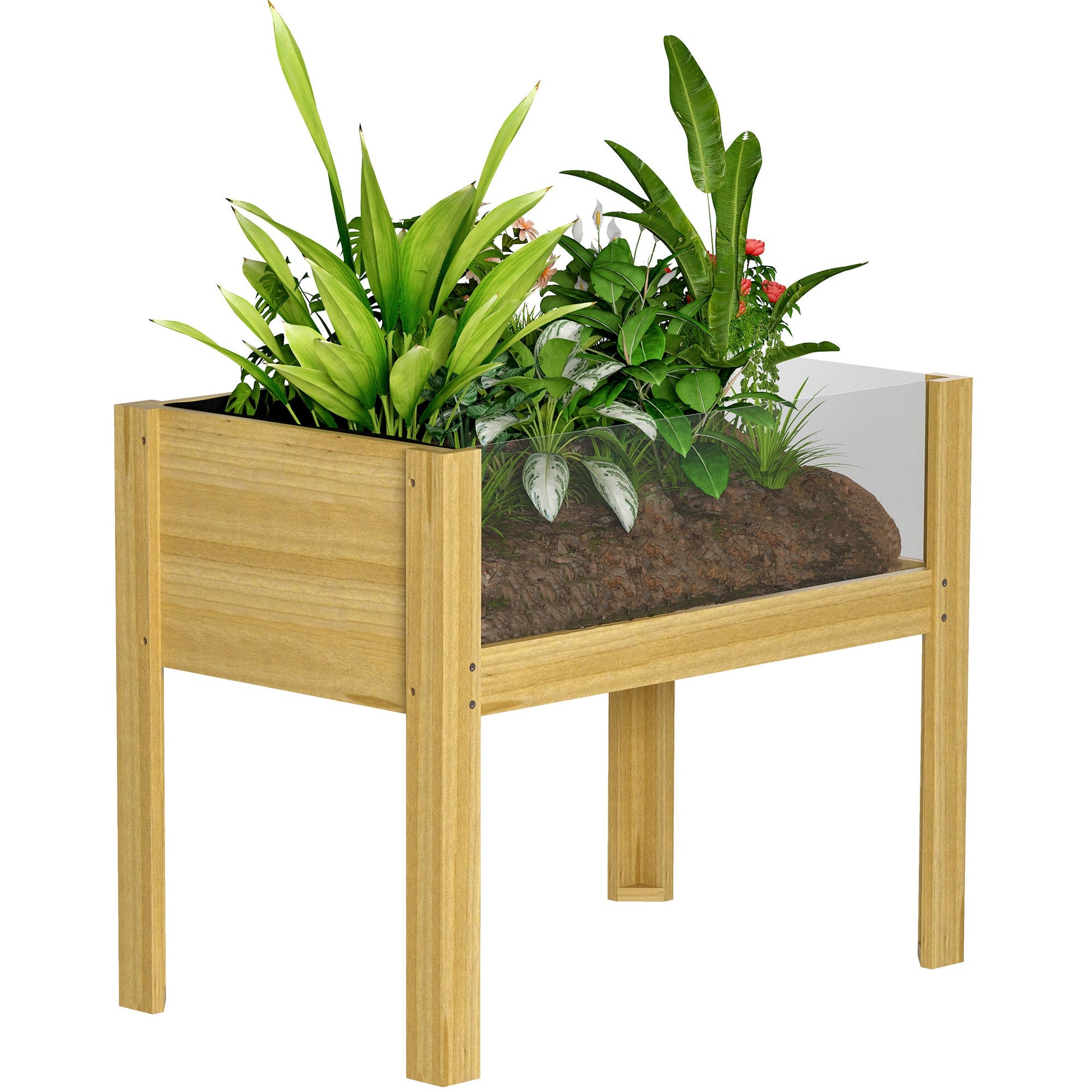 Wooden Raised Garden Bed Planter with Acrylic Panels, Elevated Planter Box Outdoor Raised Planter with Drainage Holes for Vegetables Flowers Herbs, 29.5" x 18.1" x 23.8"