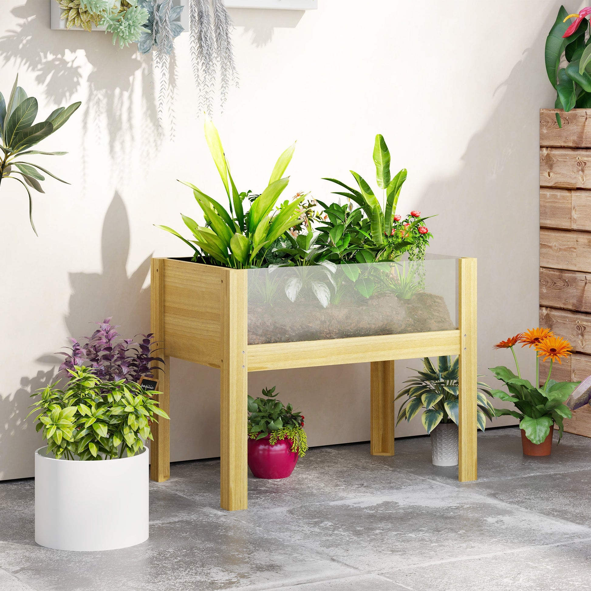 Wooden Raised Garden Bed Planter with Acrylic Panels, Elevated Planter Box Outdoor Raised Planter with Drainage Holes for Vegetables Flowers Herbs, 29.5" x 18.1" x 23.8"
