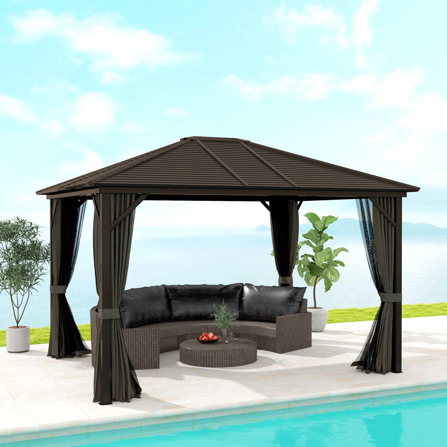 10' x 12' Deluxe Hardtop Gazebo with Metal Roof, Aluminum Frame Patio Gazebo Garden Sun Shelter Outdoor Pavilion with Curtains and Netting, Grey