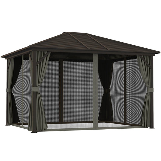 10' x 12' Deluxe Hardtop Gazebo with Metal Roof, Aluminum Frame Patio Gazebo Garden Sun Shelter Outdoor Pavilion with Curtains and Netting, Grey