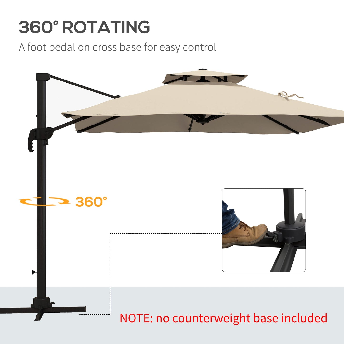 10ft Square Cantilever Patio Umbrella, 360° Rotating Overhanging Umbrella with Cross Base, Crank Handle, Double Canopy, 8 Ribs, 250gsm Polyester, Khaki