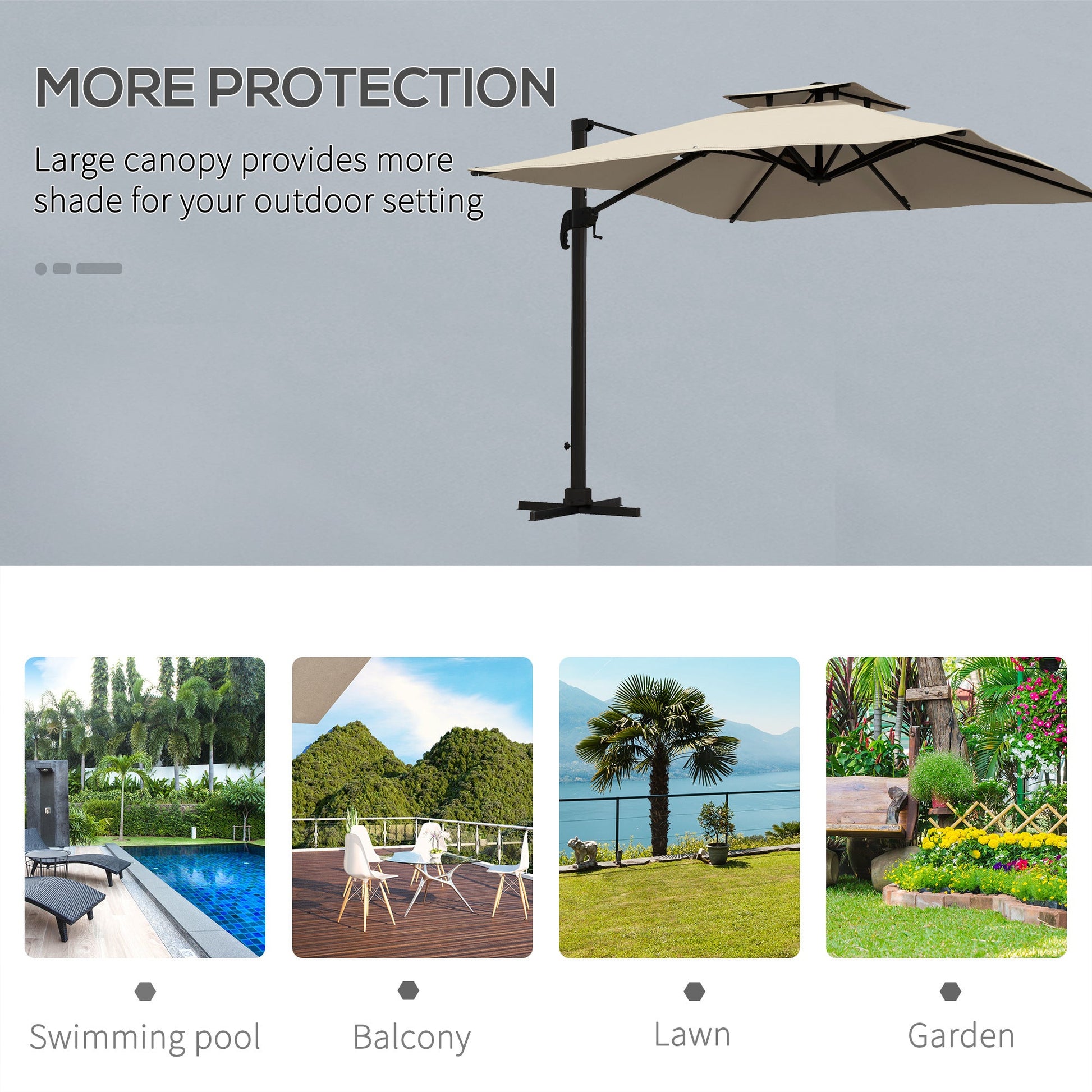 10ft Square Cantilever Patio Umbrella, 360° Rotating Overhanging Umbrella with Cross Base, Crank Handle, Double Canopy, 8 Ribs, 250gsm Polyester, Khaki