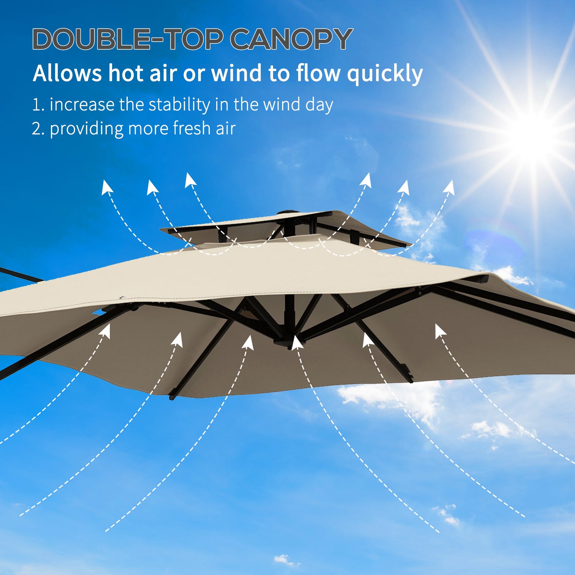 10ft Square Cantilever Patio Umbrella, 360° Rotating Overhanging Umbrella with Cross Base, Crank Handle, Double Canopy, 8 Ribs, 250gsm Polyester, Khaki