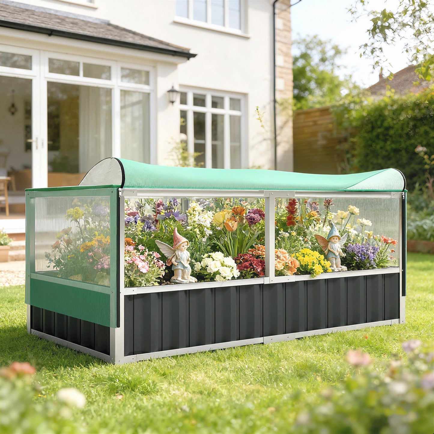 Raised Garden Bed, 5.7 x 3 x 2.3ft Steel Planter Box Outdoor with Cover, Gloves for Growing Vegetables, Flowers, Herbs, Dark Grey