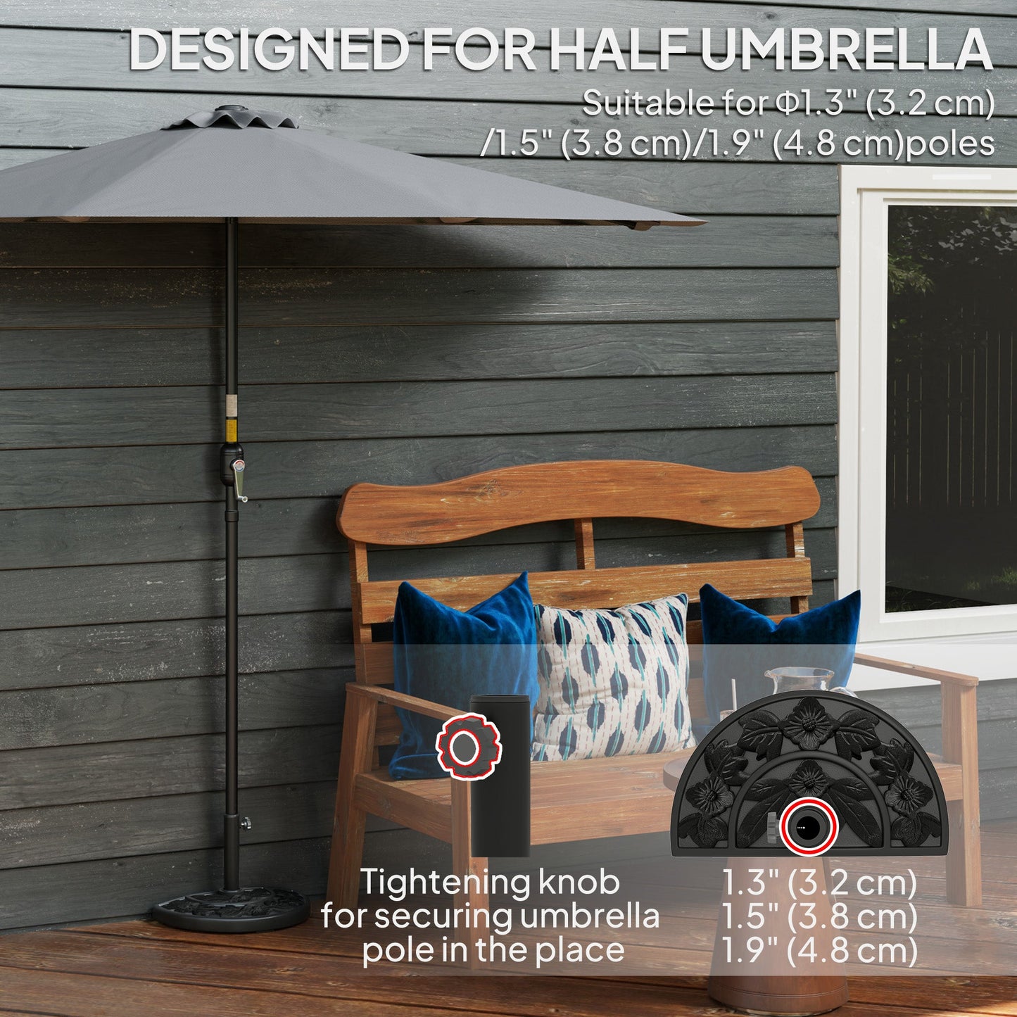 Half Umbrella Base, 21 lbs Concrete Half Umbrella Stand Outdoor Umbrella Base with Flower-Leaf Design, Patio Umbrella Stand for Outdoor Lawn Poolside, Black