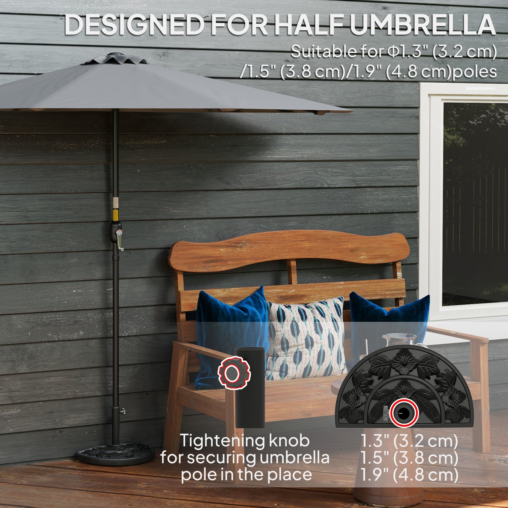 Half Umbrella Base, 21 lbs Concrete Half Umbrella Stand Outdoor Umbrella Base with Flower-Leaf Design, Patio Umbrella Stand for Outdoor Lawn Poolside, Black