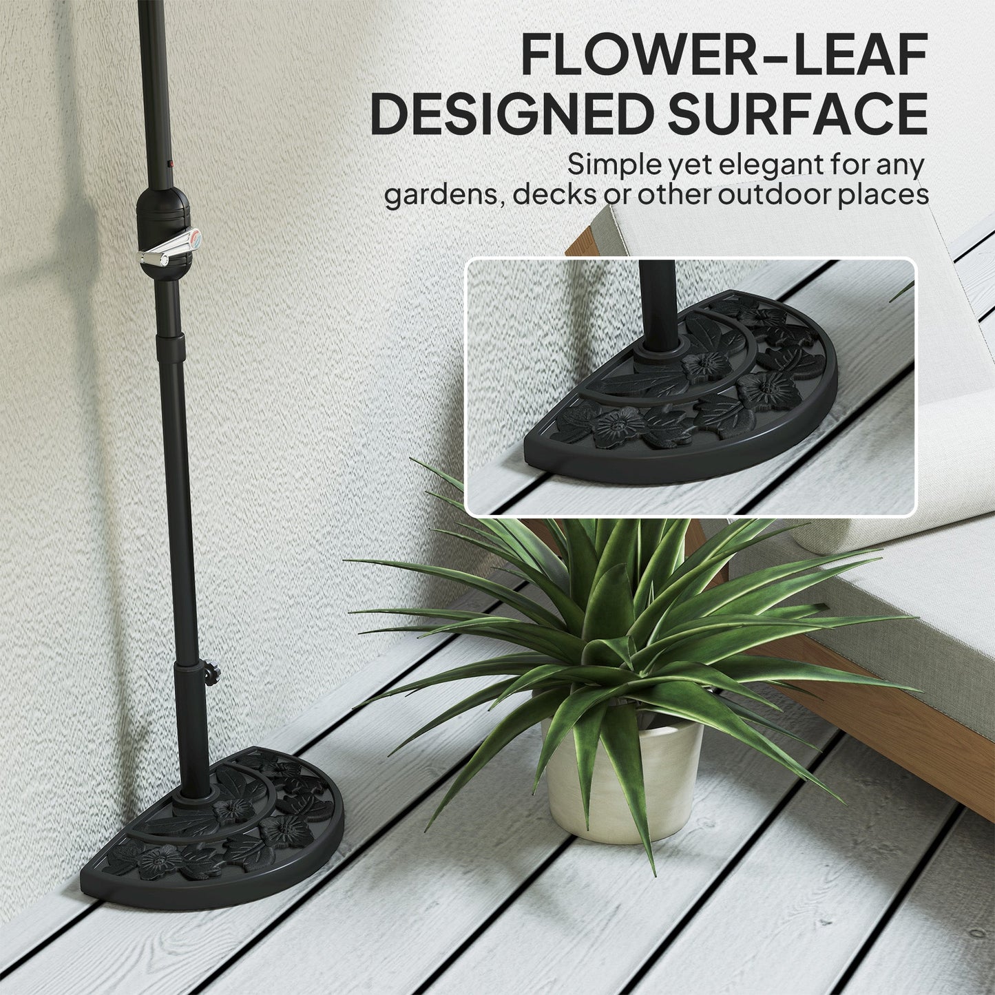 Half Umbrella Base, 21 lbs Concrete Half Umbrella Stand Outdoor Umbrella Base with Flower-Leaf Design, Patio Umbrella Stand for Outdoor Lawn Poolside, Black