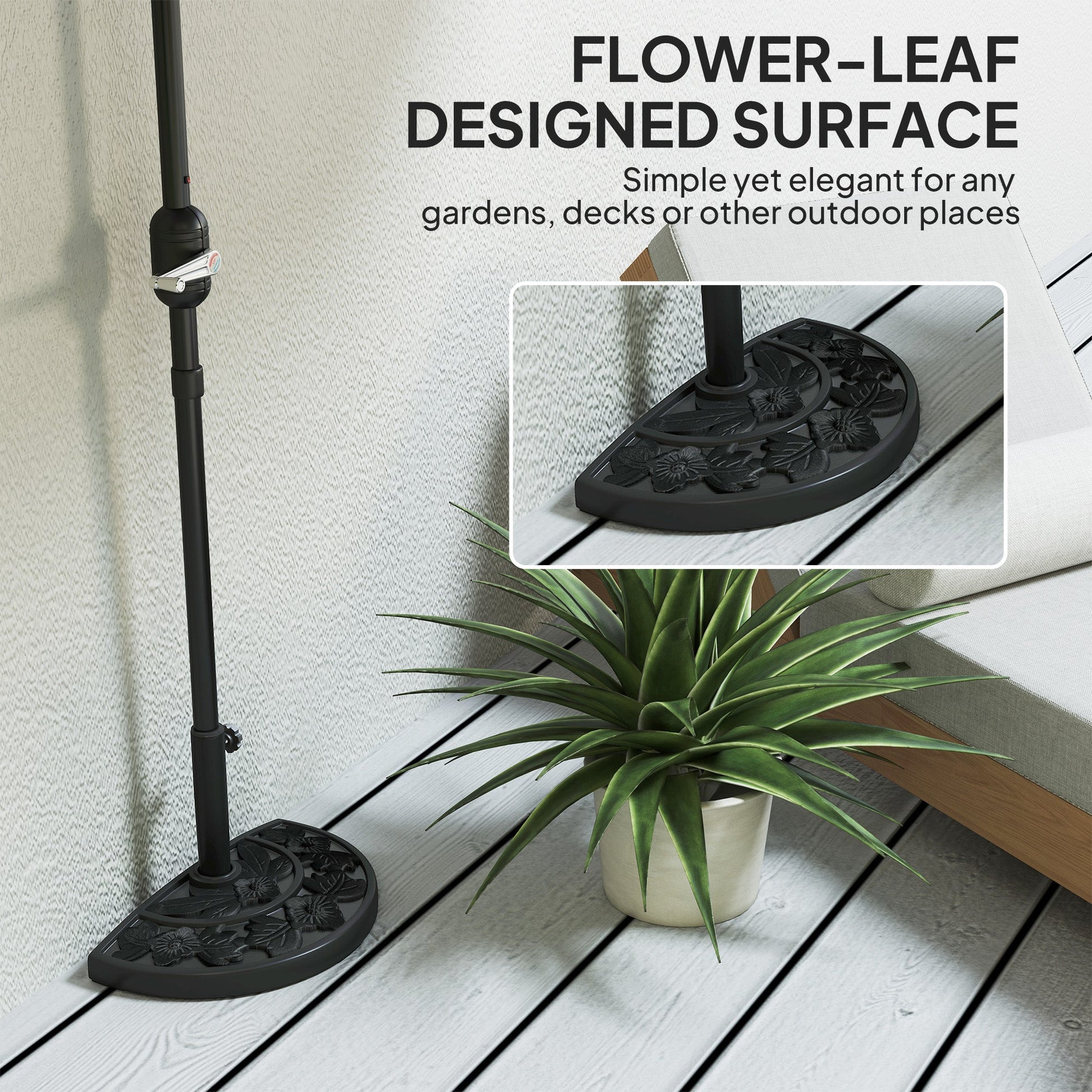 Half Umbrella Base, 21 lbs Concrete Half Umbrella Stand Outdoor Umbrella Base with Flower-Leaf Design, Patio Umbrella Stand for Outdoor Lawn Poolside, Black