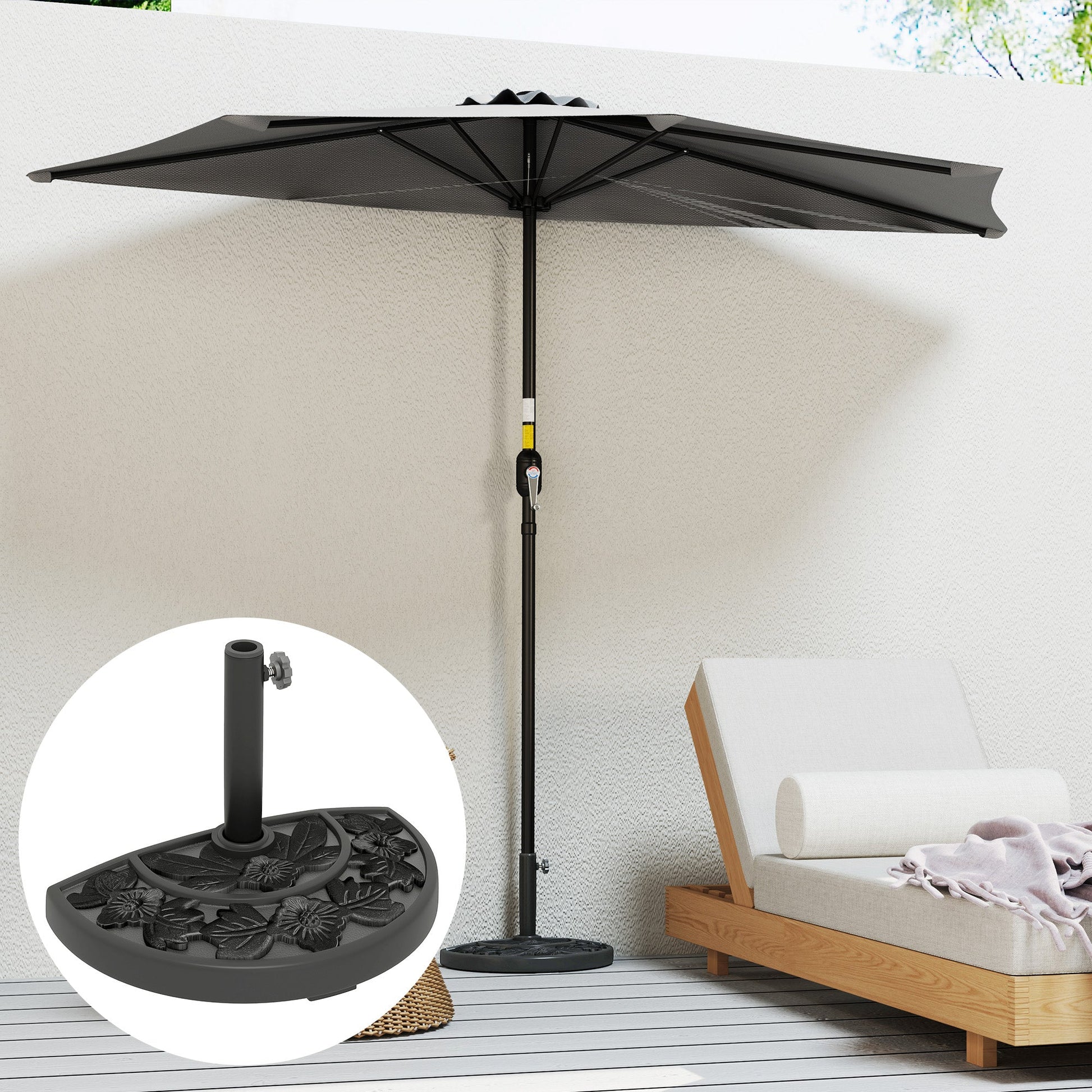 Half Umbrella Base, 21 lbs Concrete Half Umbrella Stand Outdoor Umbrella Base with Flower-Leaf Design, Patio Umbrella Stand for Outdoor Lawn Poolside, Black
