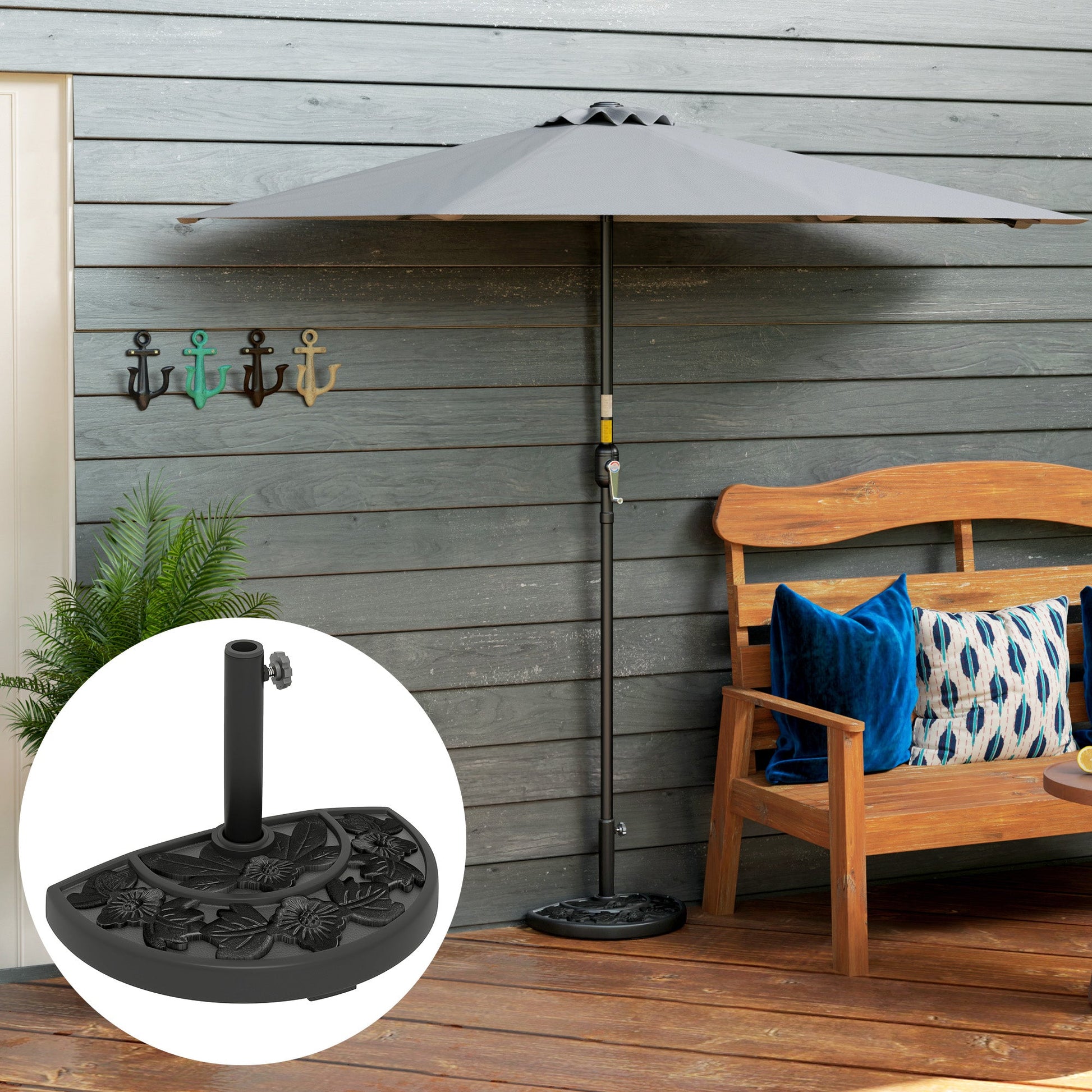 Half Umbrella Base, 21 lbs Concrete Half Umbrella Stand Outdoor Umbrella Base with Flower-Leaf Design, Patio Umbrella Stand for Outdoor Lawn Poolside, Black