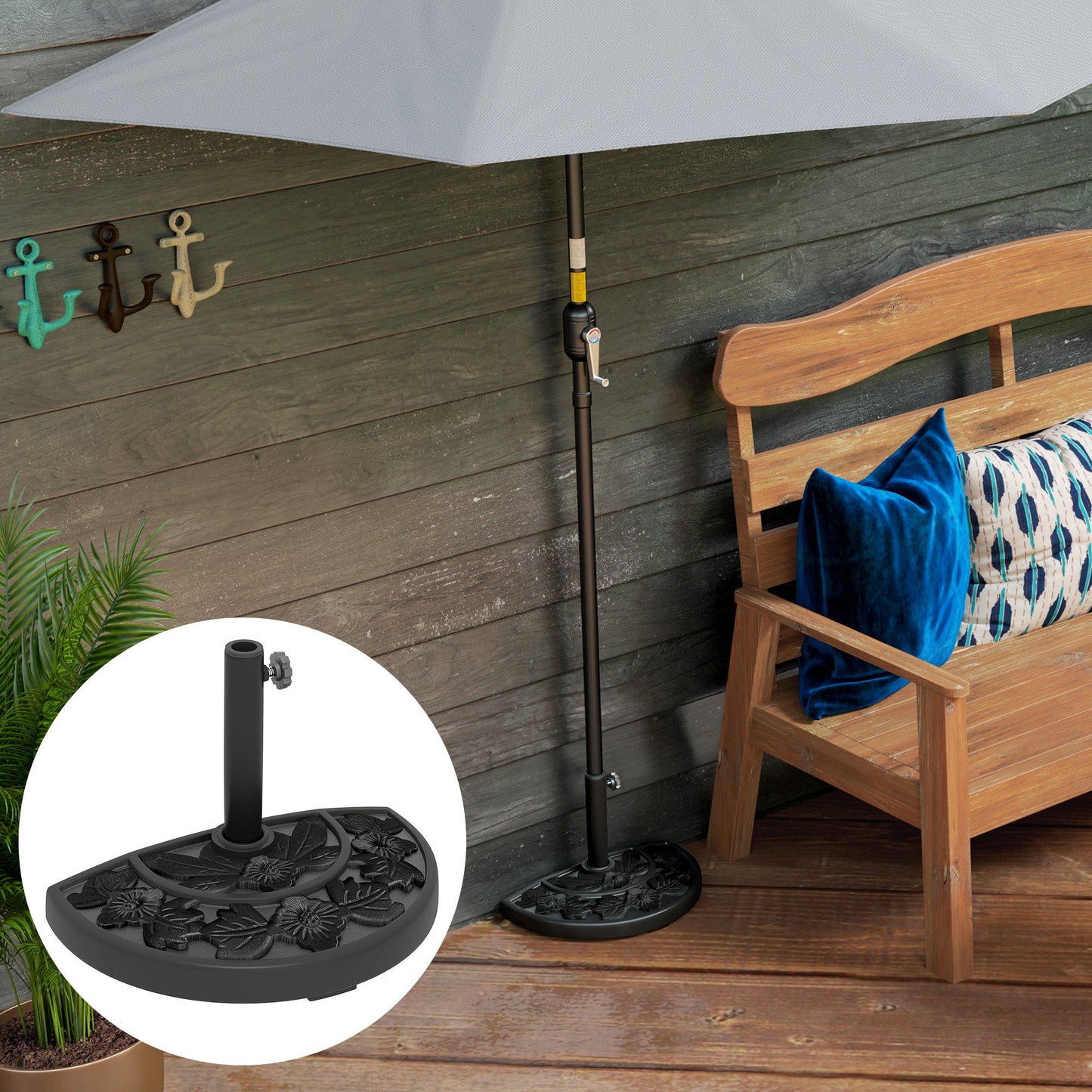 Half Umbrella Base, 21 lbs Concrete Half Umbrella Stand Outdoor Umbrella Base with Flower-Leaf Design, Patio Umbrella Stand for Outdoor Lawn Poolside, Black