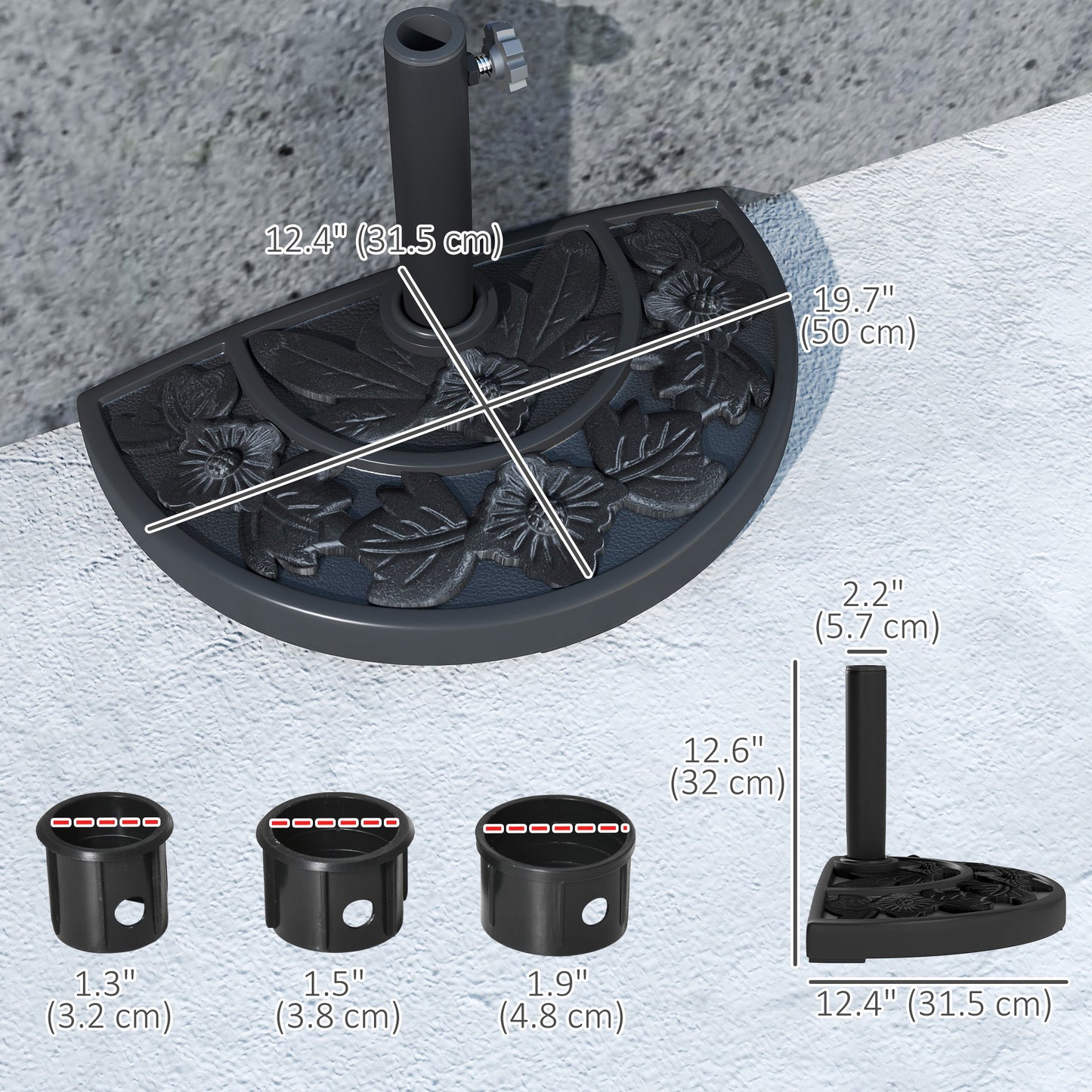 Half Umbrella Base, 21 lbs Concrete Half Umbrella Stand Outdoor Umbrella Base with Flower-Leaf Design, Patio Umbrella Stand for Outdoor Lawn Poolside, Black