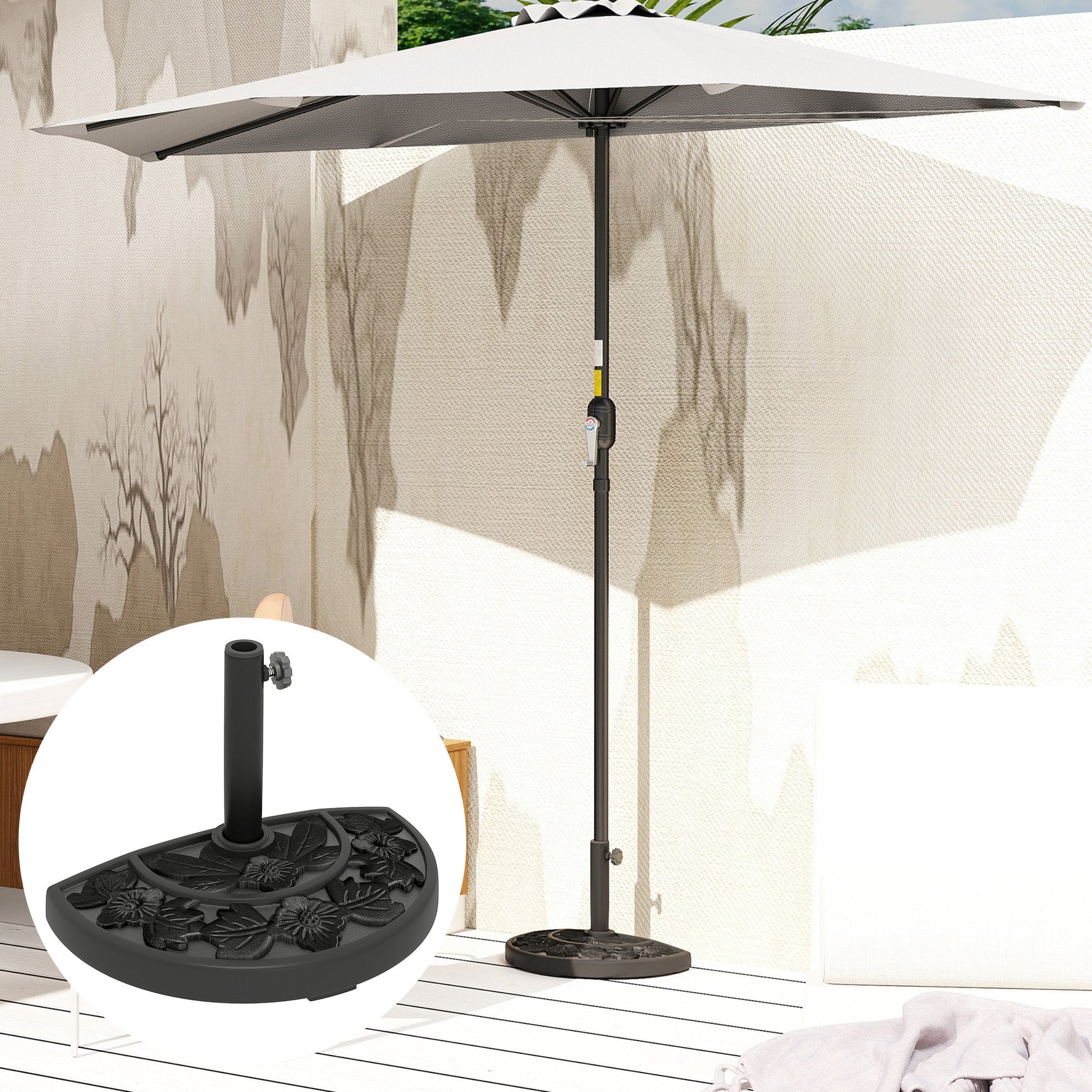 Half Umbrella Base, 21 lbs Concrete Half Umbrella Stand Outdoor Umbrella Base with Flower-Leaf Design, Patio Umbrella Stand for Outdoor Lawn Poolside, Black