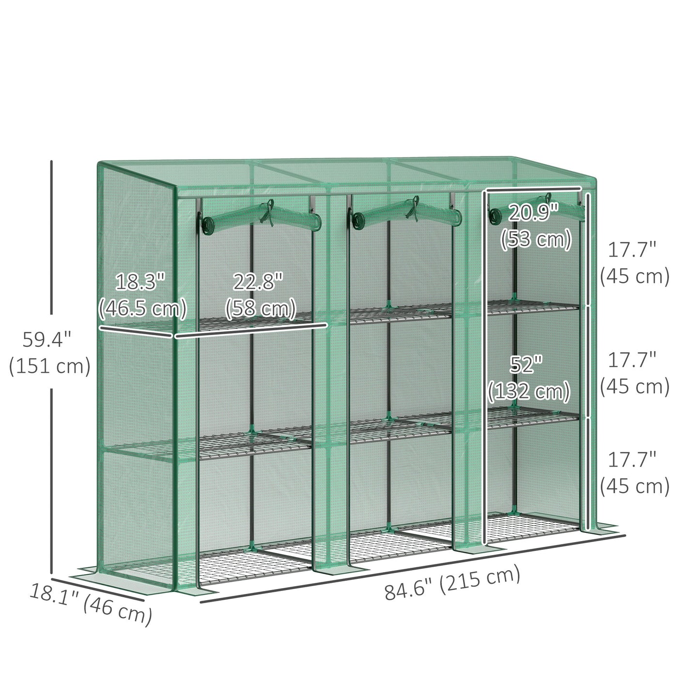 Lean-to Mini Greenhouse with 3 Tier Shelves, Portable Garden Hot House with 3 Roll-Up Doors for Indoor Outdoor, 84.6"x18.1"x56.7", Green