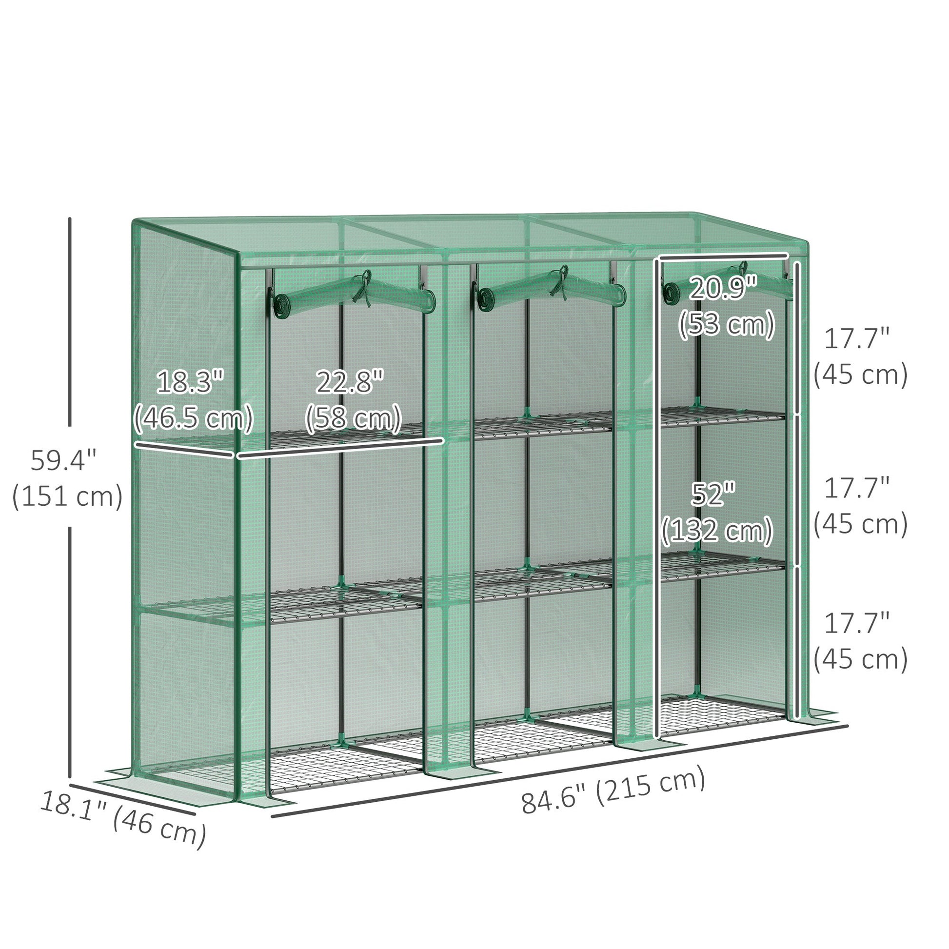 Lean-to Mini Greenhouse with 3 Tier Shelves, Portable Garden Hot House with 3 Roll-Up Doors for Indoor Outdoor, 84.6"x18.1"x56.7", Green