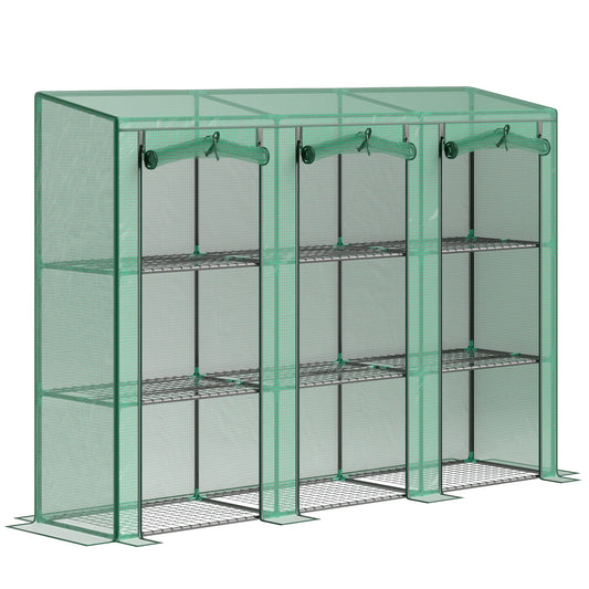 Lean-to Mini Greenhouse with 3 Tier Shelves, Portable Garden Hot House with 3 Roll-Up Doors for Indoor Outdoor, 84.6"x18.1"x56.7", Green