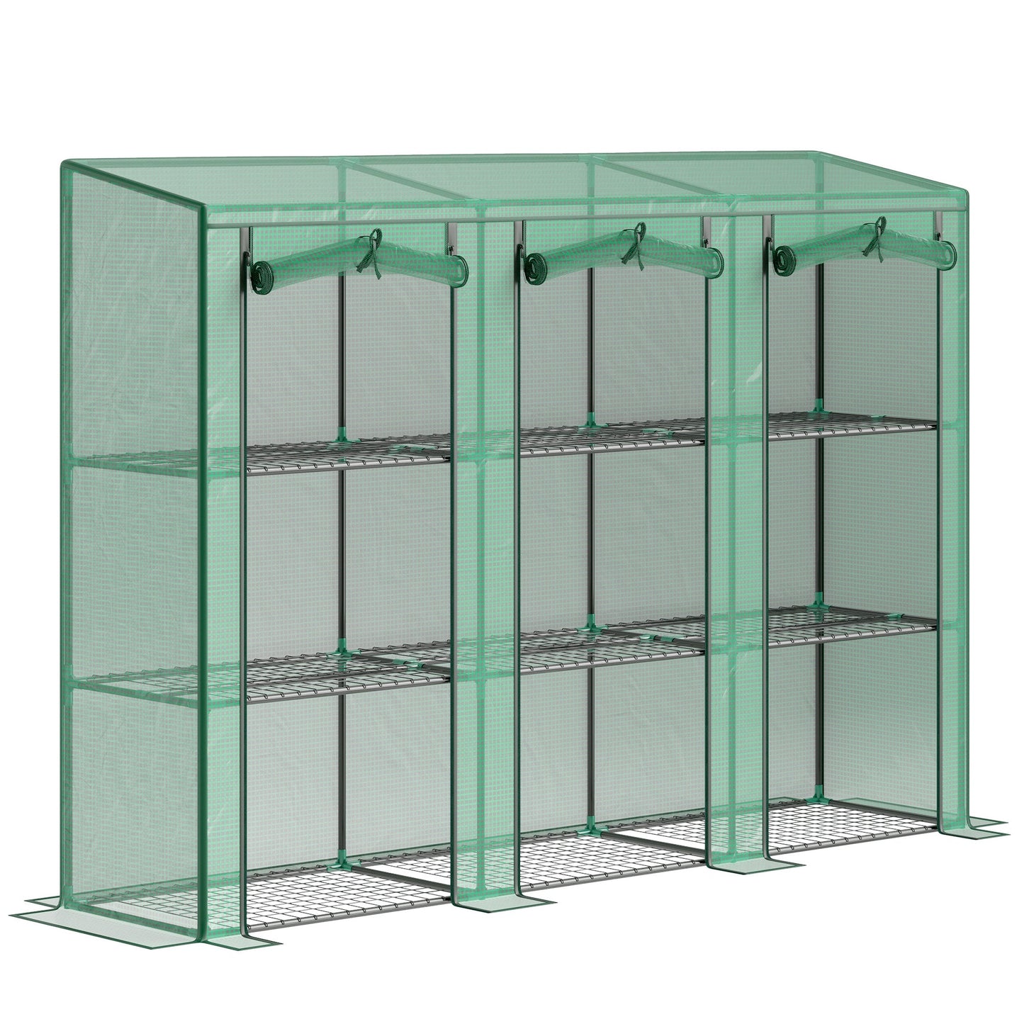 Lean-to Mini Greenhouse with 3 Tier Shelves, Portable Garden Hot House with 3 Roll-Up Doors for Indoor Outdoor, 84.6"x18.1"x56.7", Green
