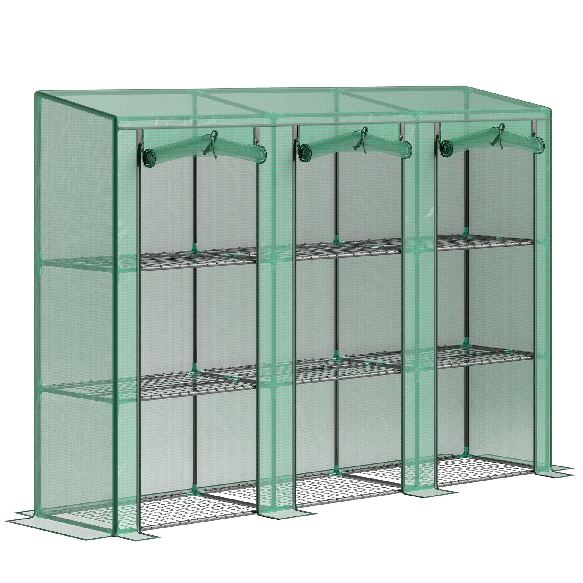 Lean-to Mini Greenhouse with 3 Tier Shelves, Portable Garden Hot House with 3 Roll-Up Doors for Indoor Outdoor, 84.6"x18.1"x56.7", Green
