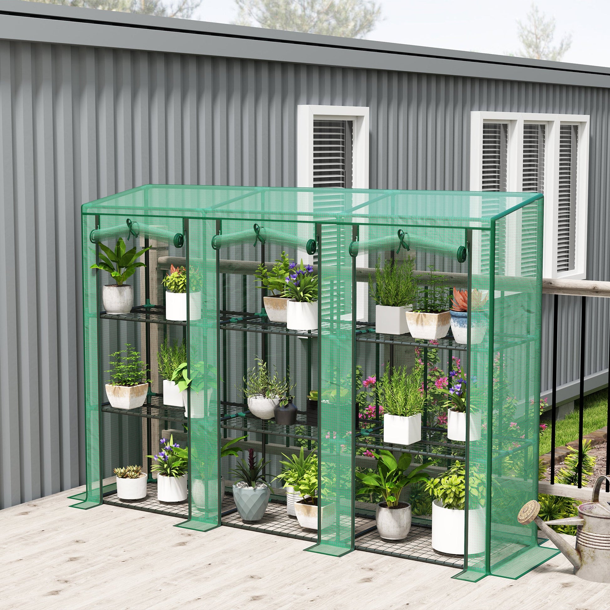 Lean-to Mini Greenhouse with 3 Tier Shelves, Portable Garden Hot House with 3 Roll-Up Doors for Indoor Outdoor, 84.6"x18.1"x56.7", Green