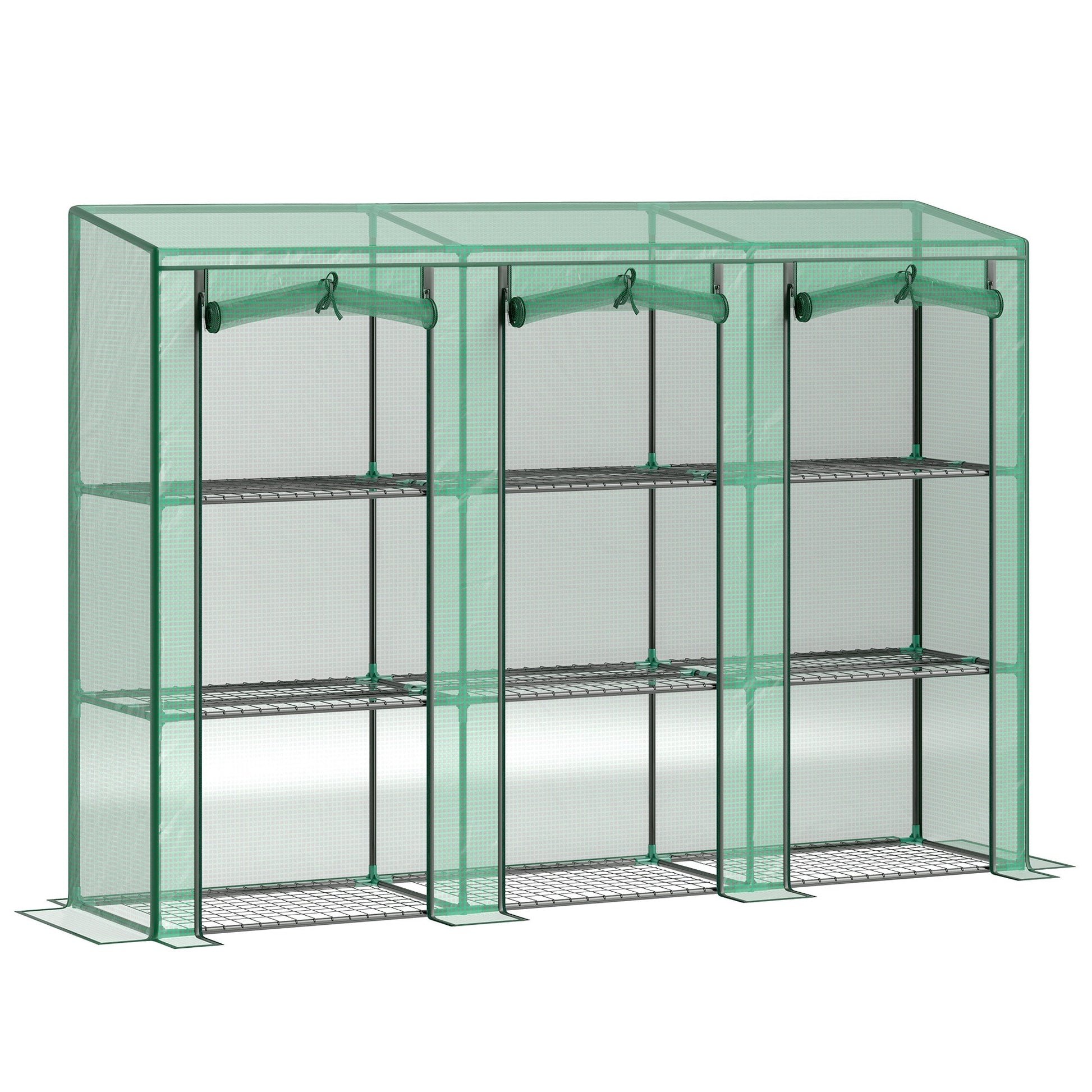 Lean-to Mini Greenhouse with 3 Tier Shelves, Portable Garden Hot House with 3 Roll-Up Doors for Indoor Outdoor, 84.6"x18.1"x56.7", Green