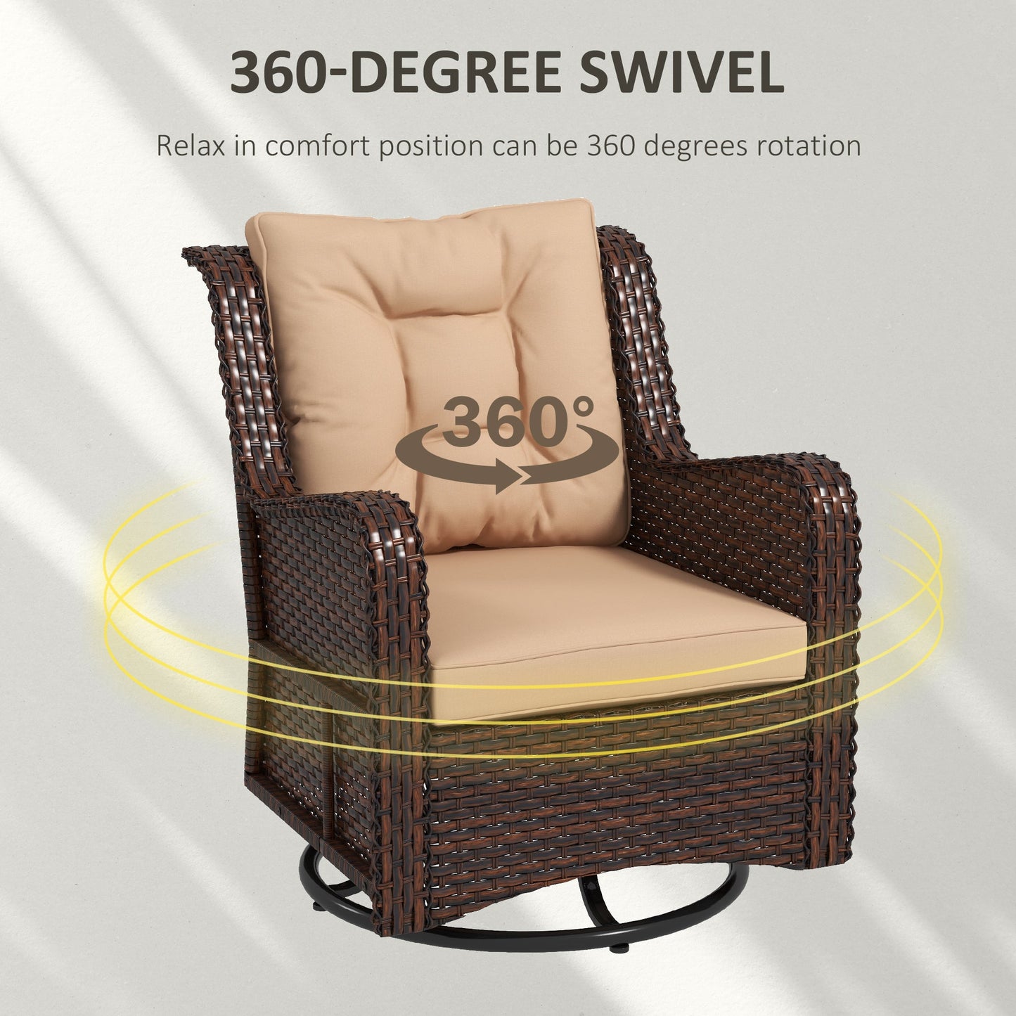 PE Rattan 360° Swivel Patio Chair with Cushion, Patio Wicker Chair with Armrest, Backrest, Brown